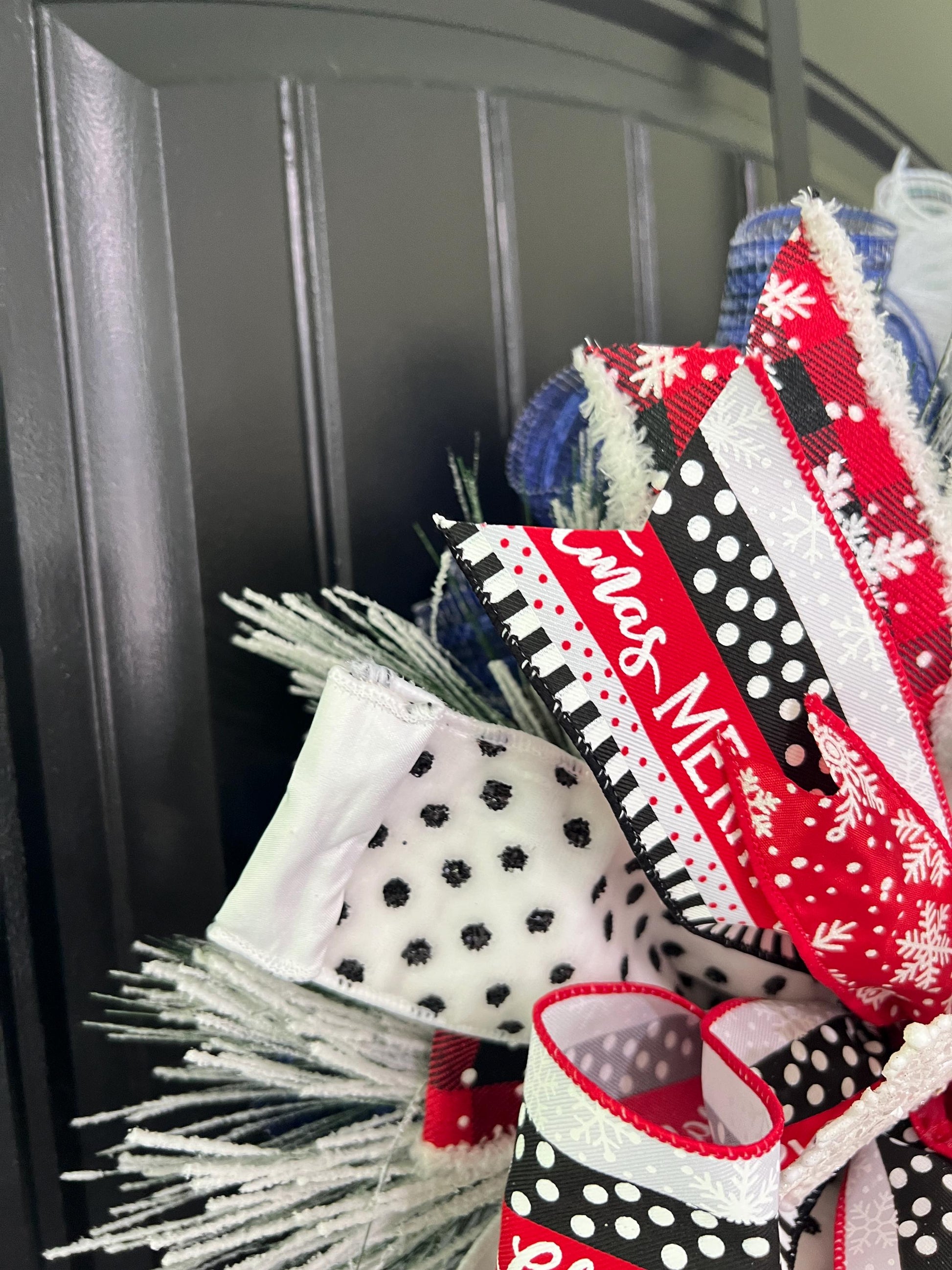 Handmade Snowman Christmas Wreath, Flocked Winter Door Decor, Red Black Plaid Scarf