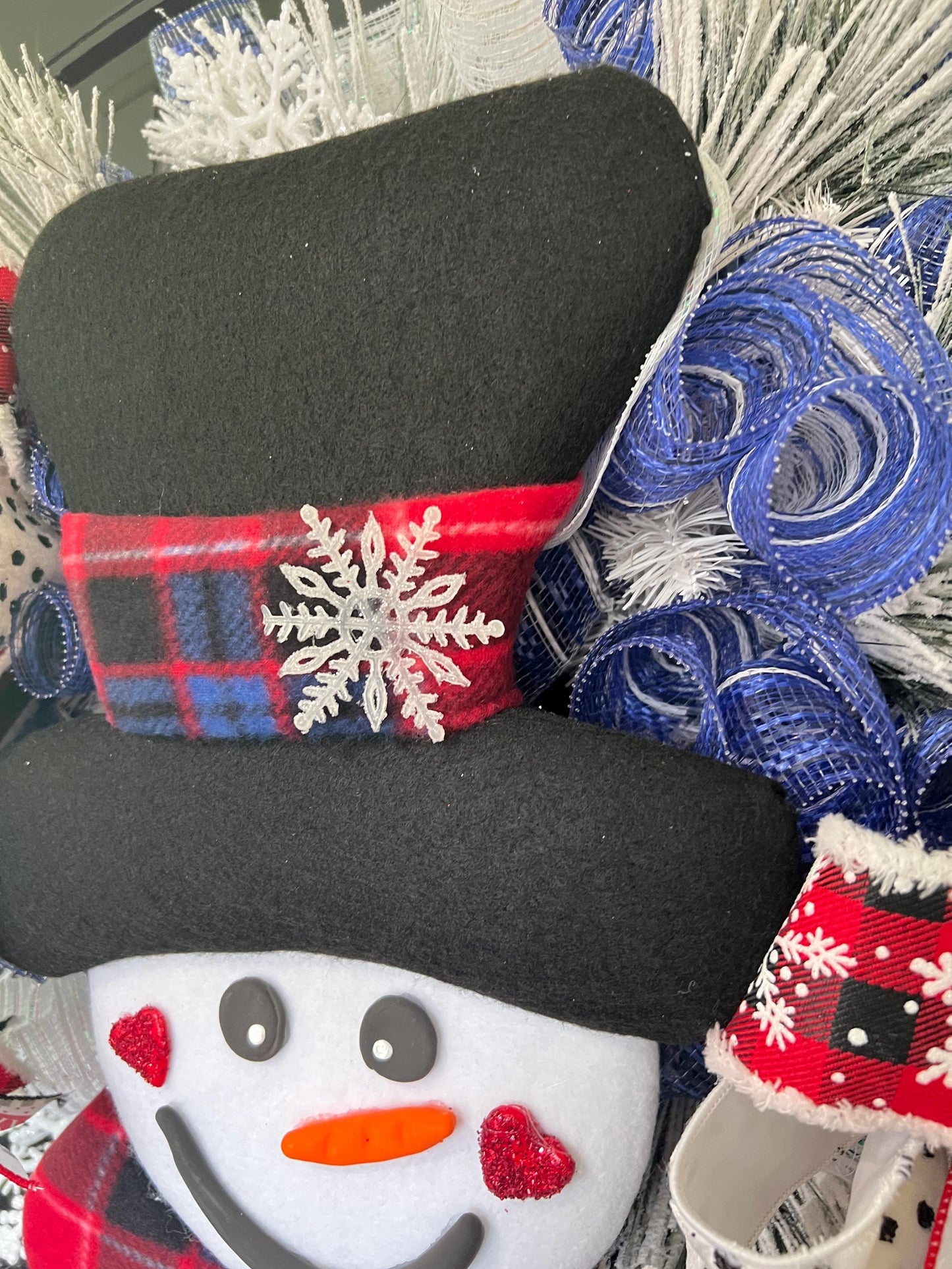Handmade Snowman Christmas Wreath, Flocked Winter Door Decor, Red Black Plaid Scarf