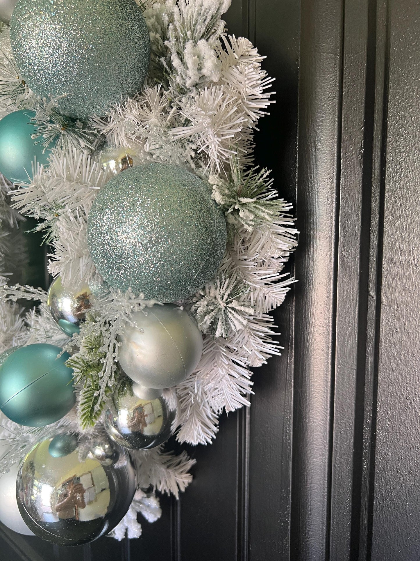 Teal Silver Frosted Christmas Wreath, Icy Blue Ornament Winter Door Decor