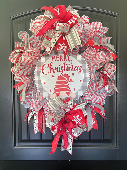 Christmas Gnome Wreath, Merry Christmas Front Door Wreath, Red Gray Winter Wreath, Large Holiday Mesh Wreath