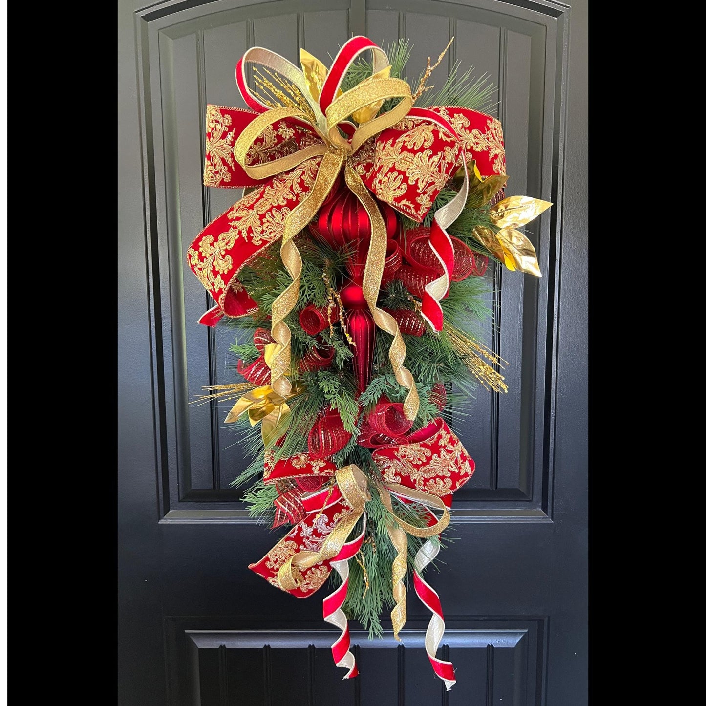 Luxury Red and Gold Christmas Swag, Large Finial Door Swag, Elegant Christmas Door Decoration