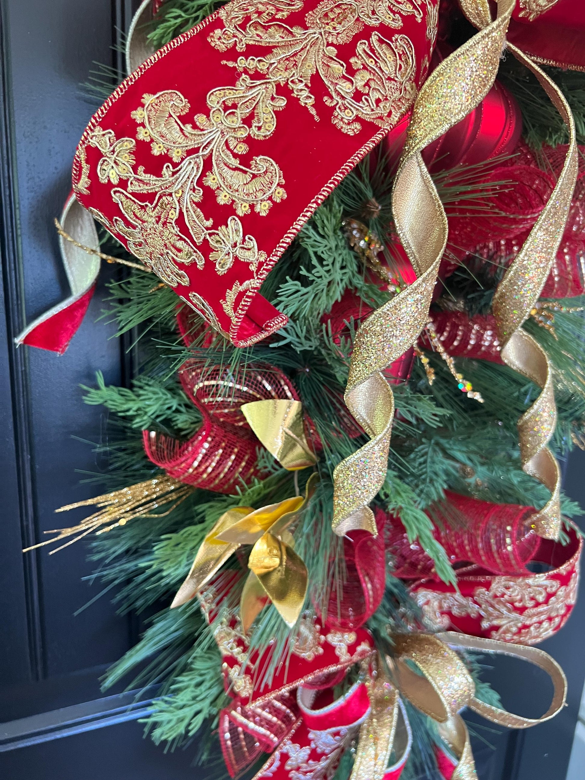 Luxury Red and Gold Christmas Swag, Large Finial Door Swag, Elegant Christmas Door Decoration