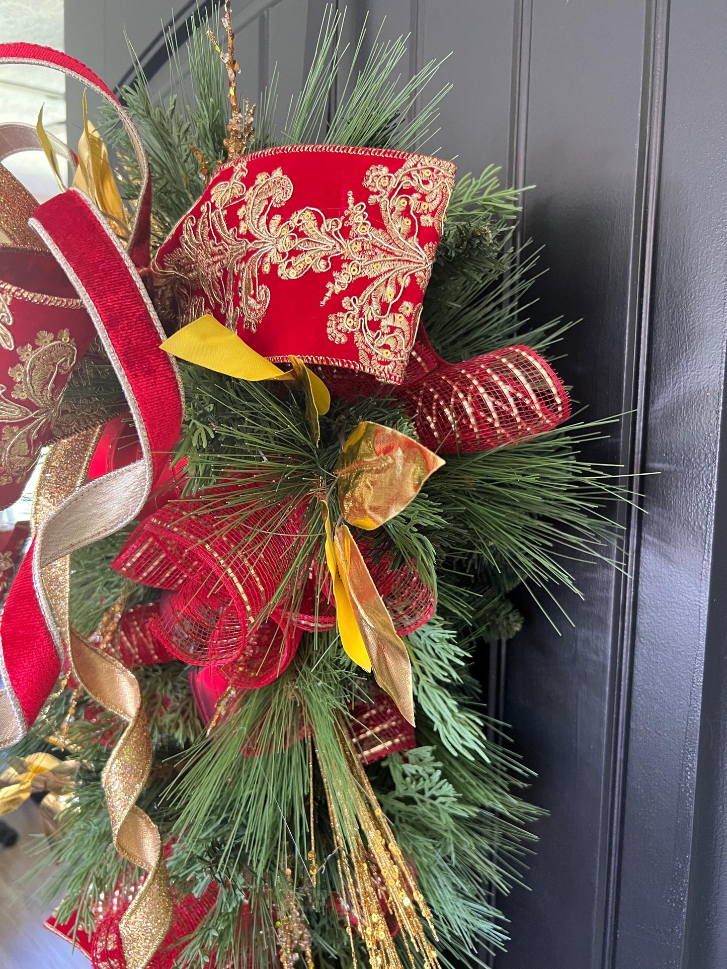 Luxury Red and Gold Christmas Swag, Large Finial Door Swag, Elegant Christmas Door Decoration