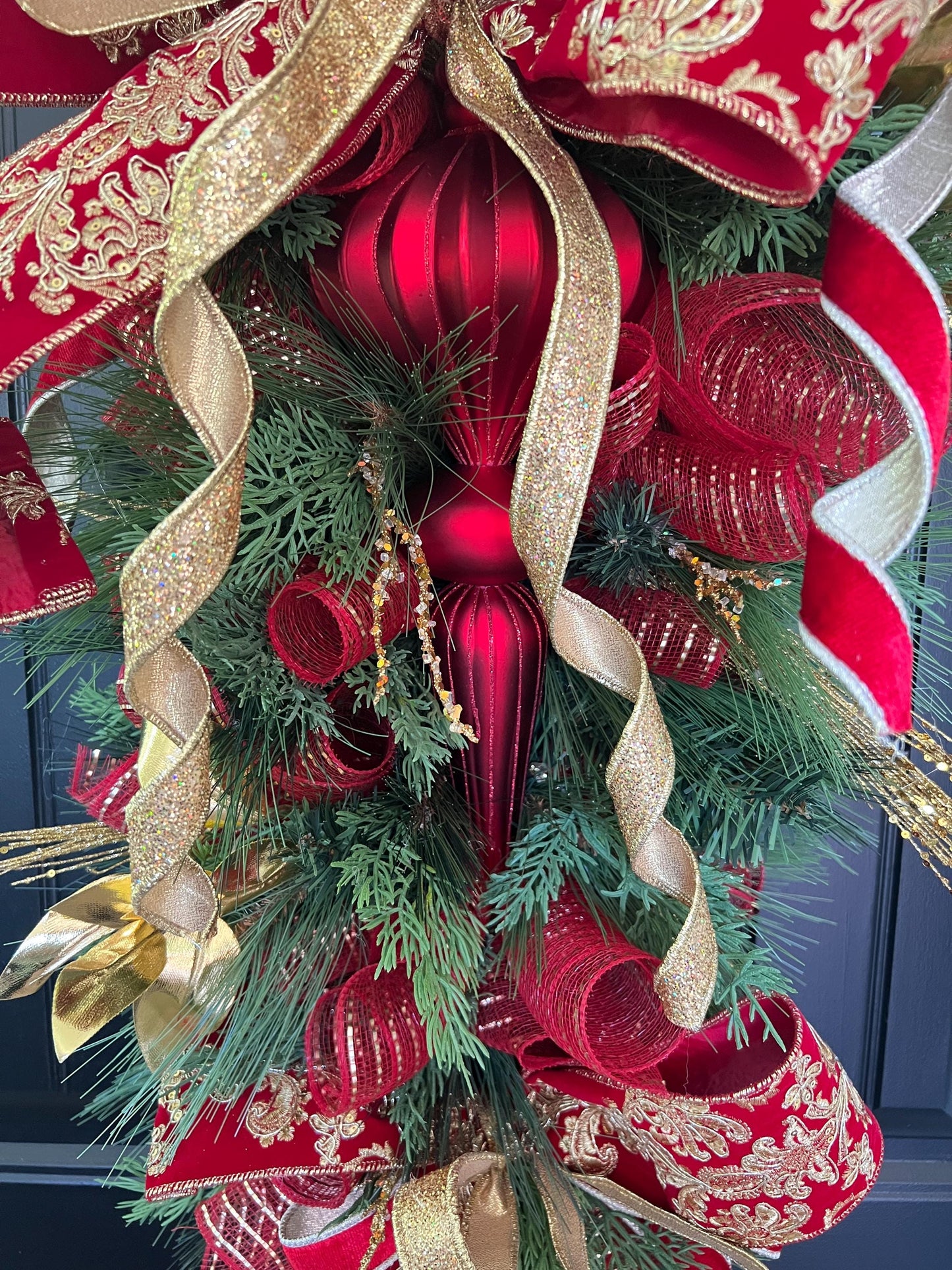 Luxury Red and Gold Christmas Swag, Large Finial Door Swag, Elegant Christmas Door Decoration