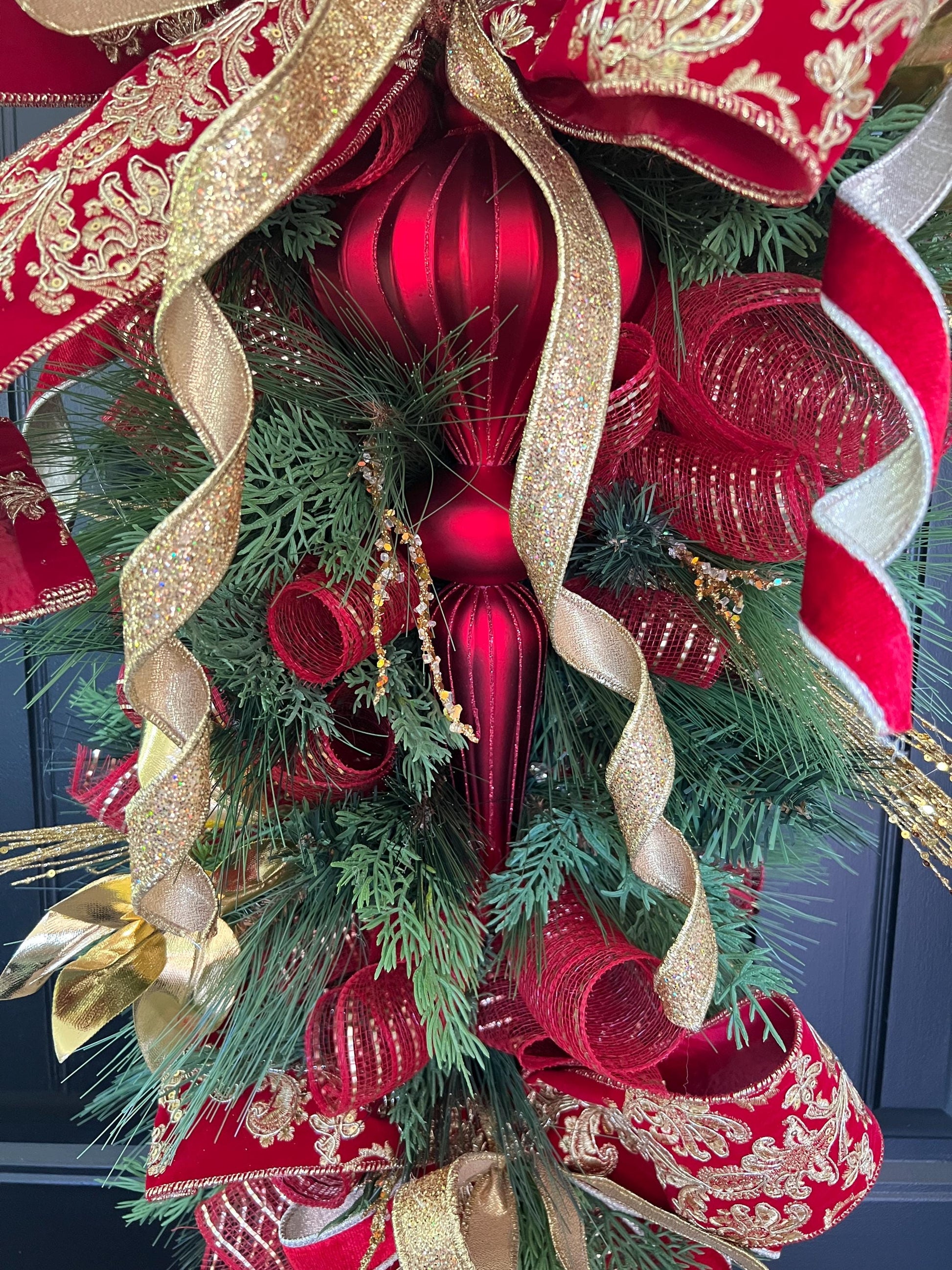 Luxury Red and Gold Christmas Swag, Large Finial Door Swag, Elegant Christmas Door Decoration