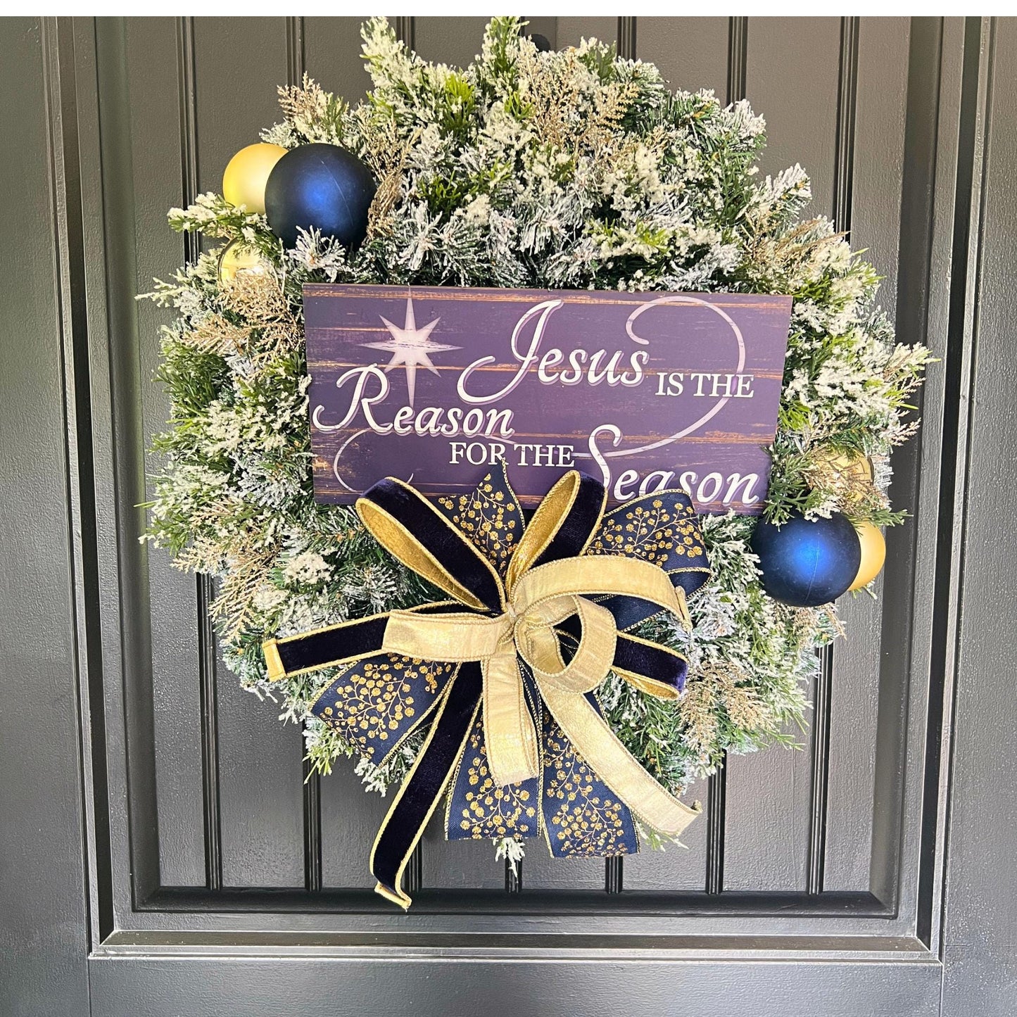 Christian Christmas Wreath, Jesus Is the Reason Wreath, Navy Gold Flocked Evergreen Door Decor, Religious Holiday Wreath