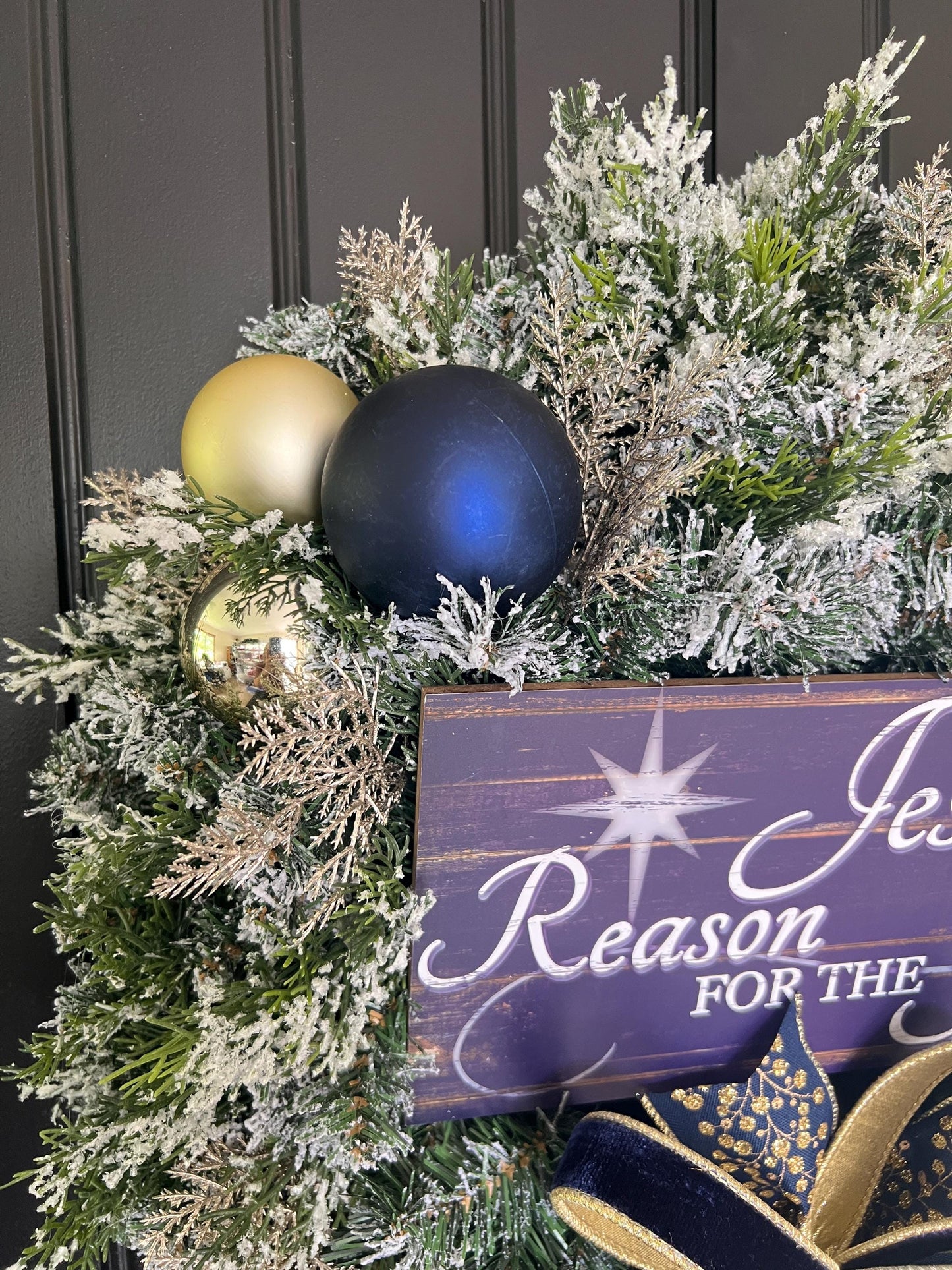 Christian Christmas Wreath, Jesus Is the Reason Wreath, Navy Gold Flocked Evergreen Door Decor, Religious Holiday Wreath