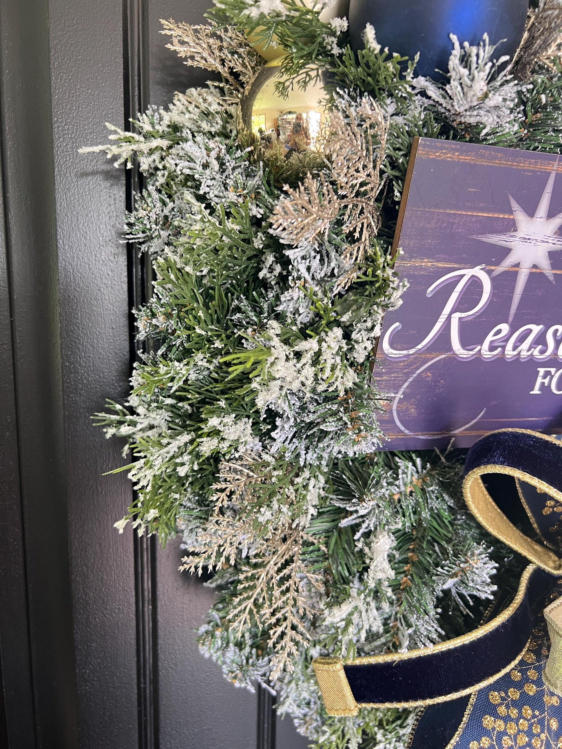 Christian Christmas Wreath, Jesus Is the Reason Wreath, Navy Gold Flocked Evergreen Door Decor, Religious Holiday Wreath