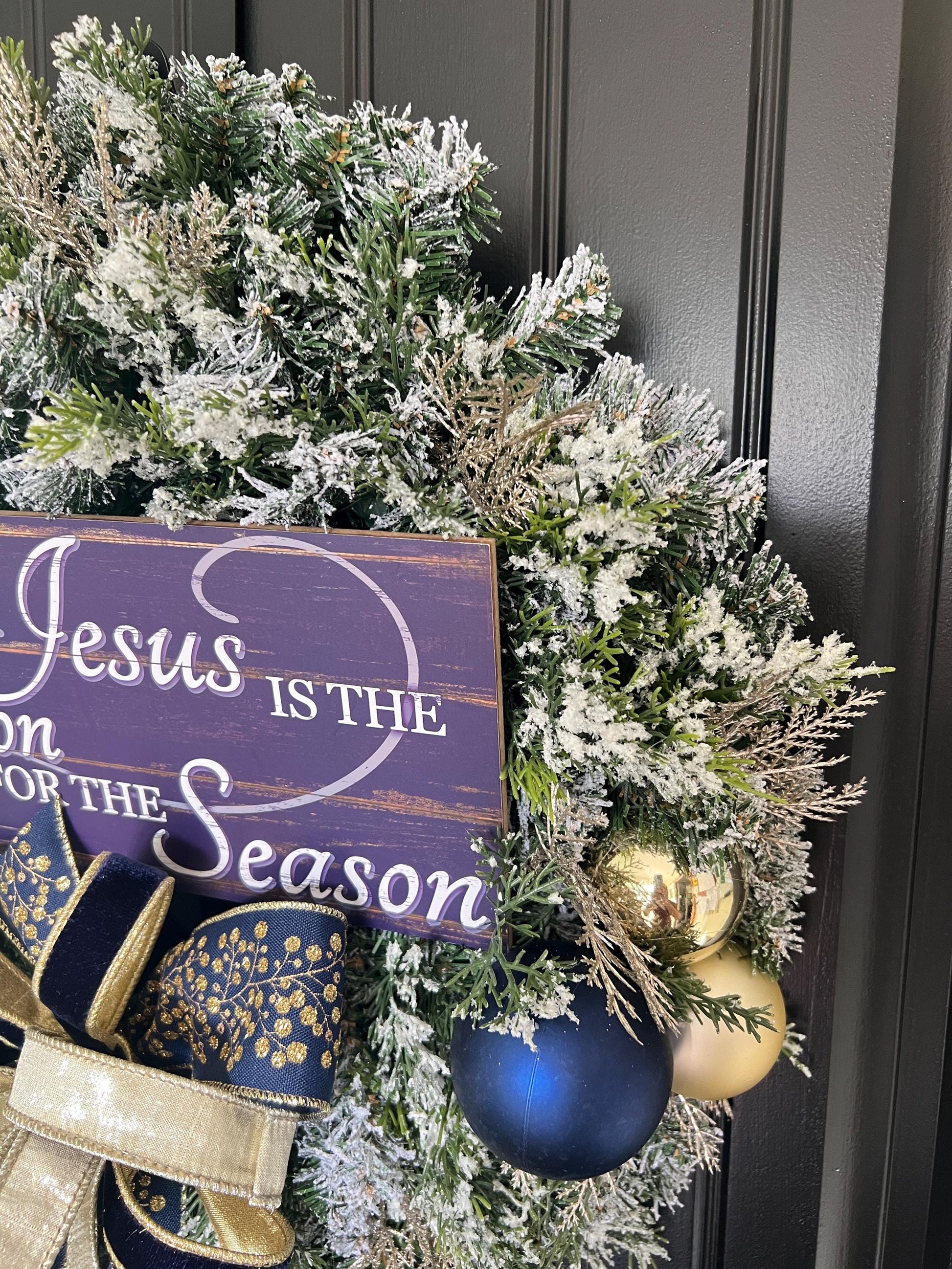 Christian Christmas Wreath, Jesus Is the Reason Wreath, Navy Gold Flocked Evergreen Door Decor, Religious Holiday Wreath