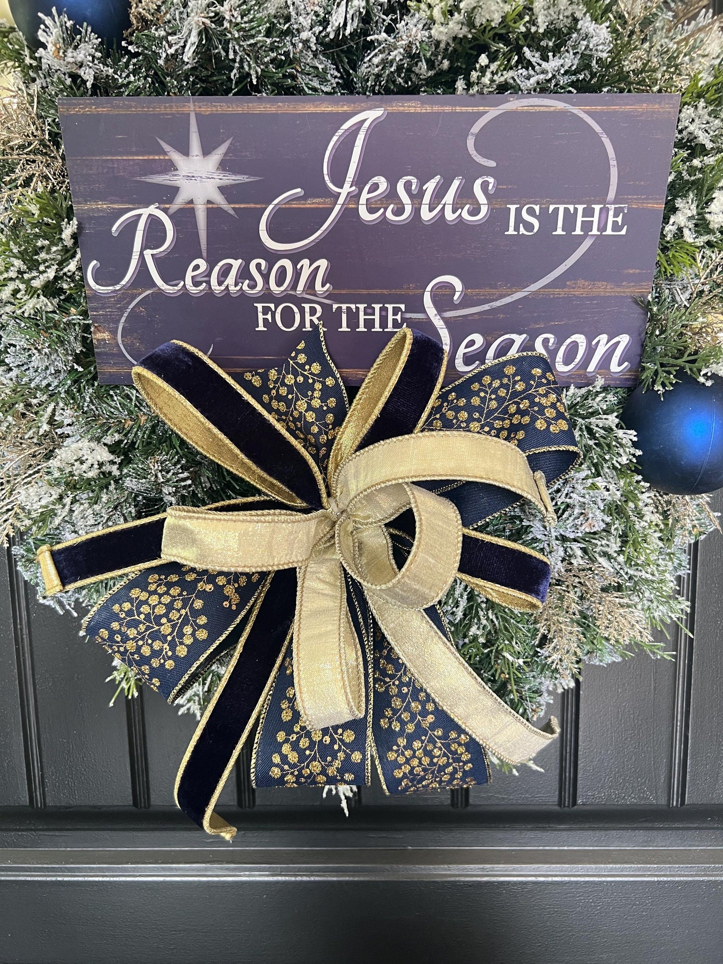 Christian Christmas Wreath, Jesus Is the Reason Wreath, Navy Gold Flocked Evergreen Door Decor, Religious Holiday Wreath