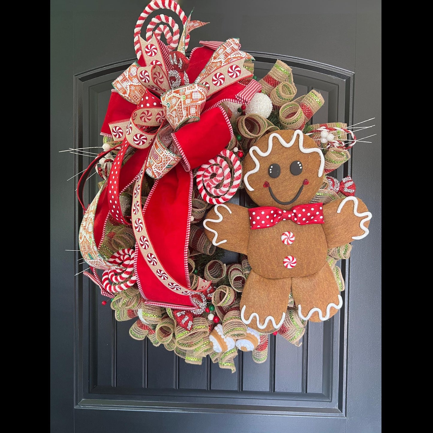 Large Gingerbread Christmas Wreath, Red Peppermint Candy Front Door Decor, 30 Inch