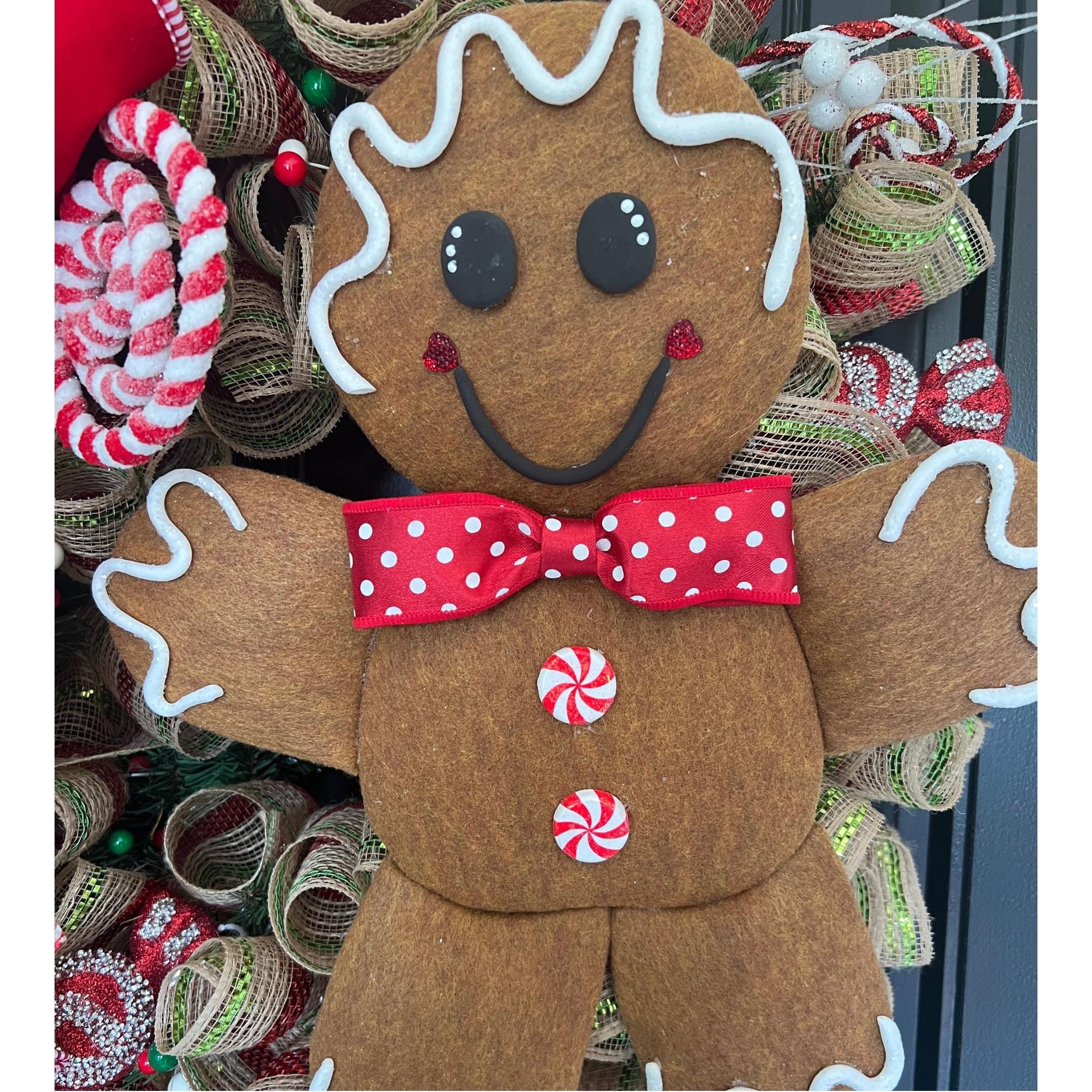 Large Gingerbread Christmas Wreath, Red Peppermint Candy Front Door Decor, 30 Inch