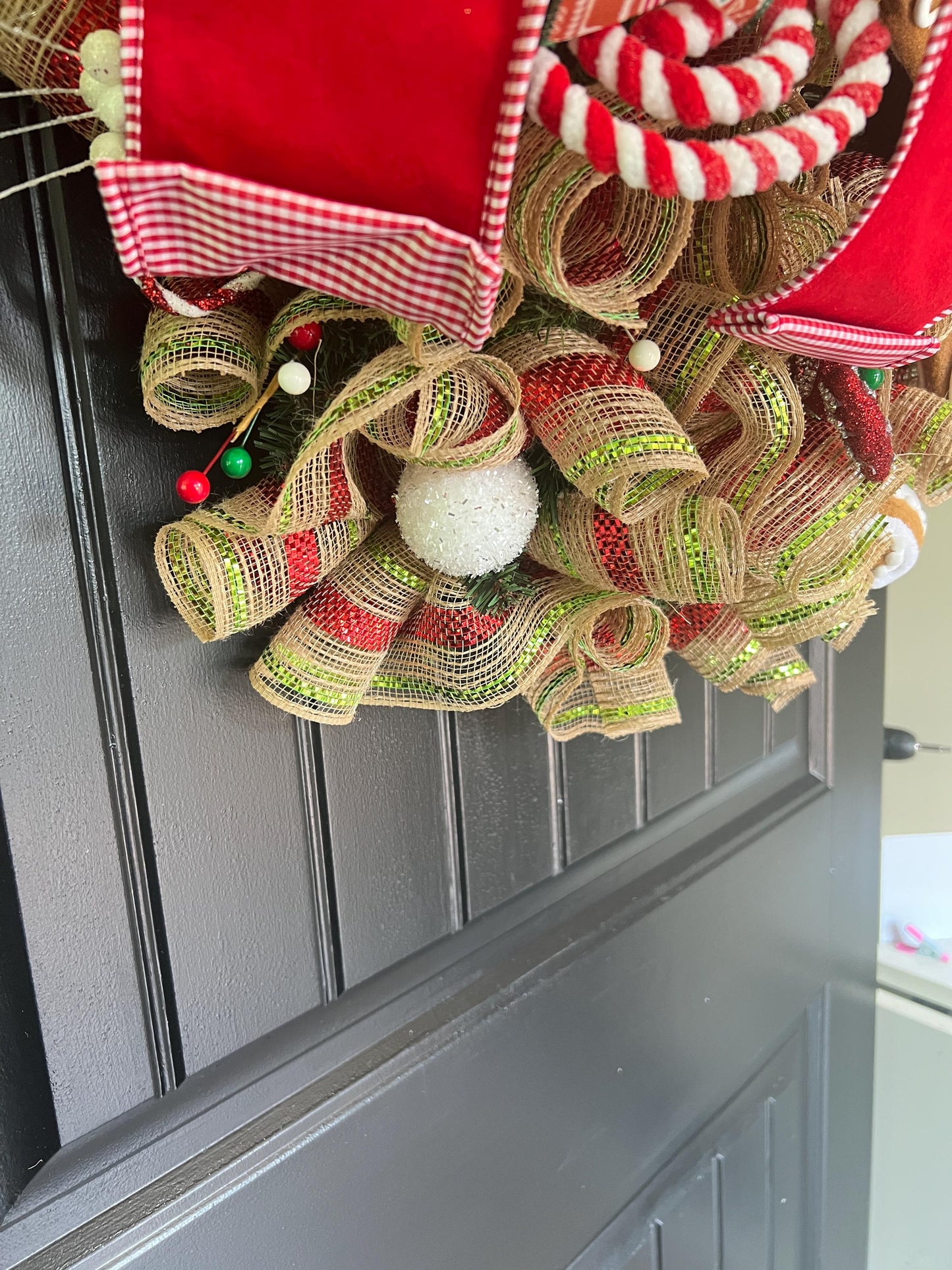 Large Gingerbread Christmas Wreath, Red Peppermint Candy Front Door Decor, 30 Inch