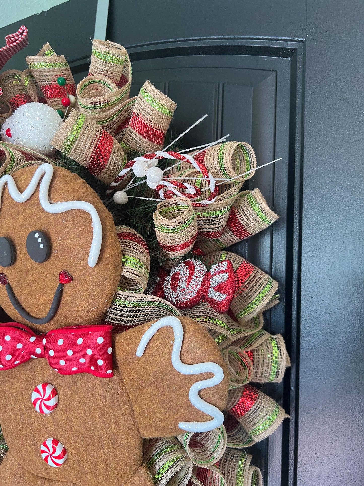 Large Gingerbread Christmas Wreath, Red Peppermint Candy Front Door Decor, 30 Inch