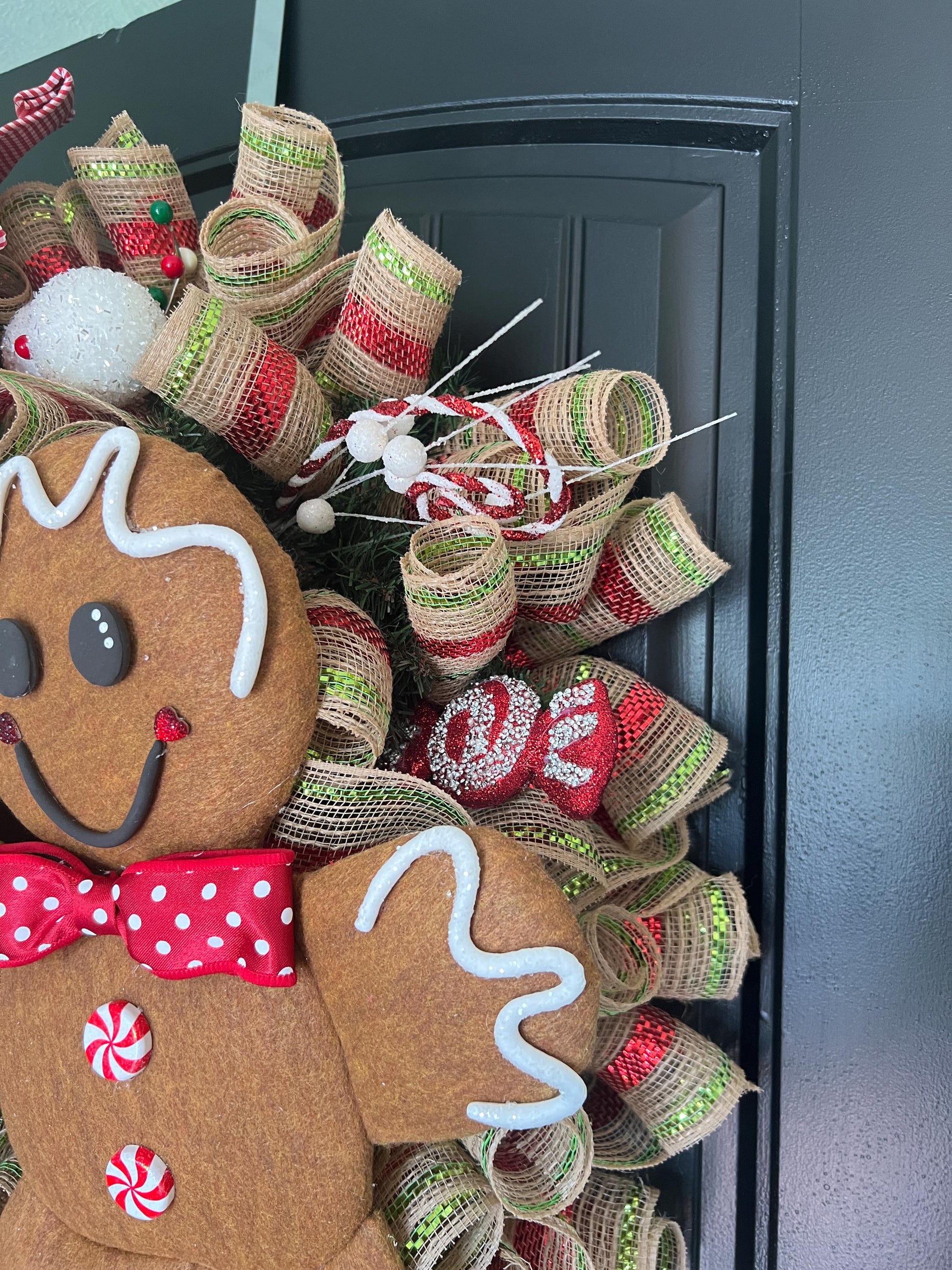 Large Gingerbread Christmas Wreath, Red Peppermint Candy Front Door Decor, 30 Inch