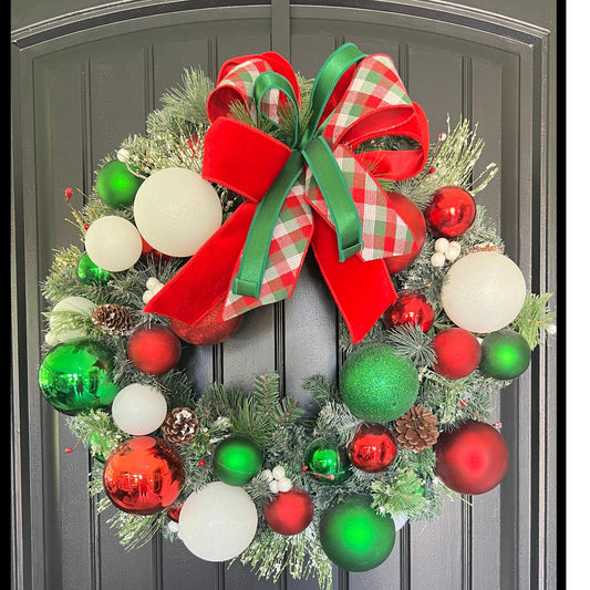 Red Green White Ornament Wreath, Flocked Evergreen Door Decor, Plaid Bow