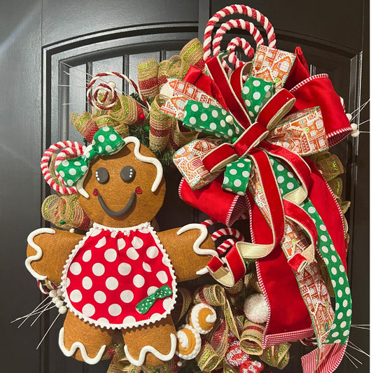 Handmade Gingerbread Girl Christmas Wreath, Candy Cane Holiday Decor, Red Green Bow