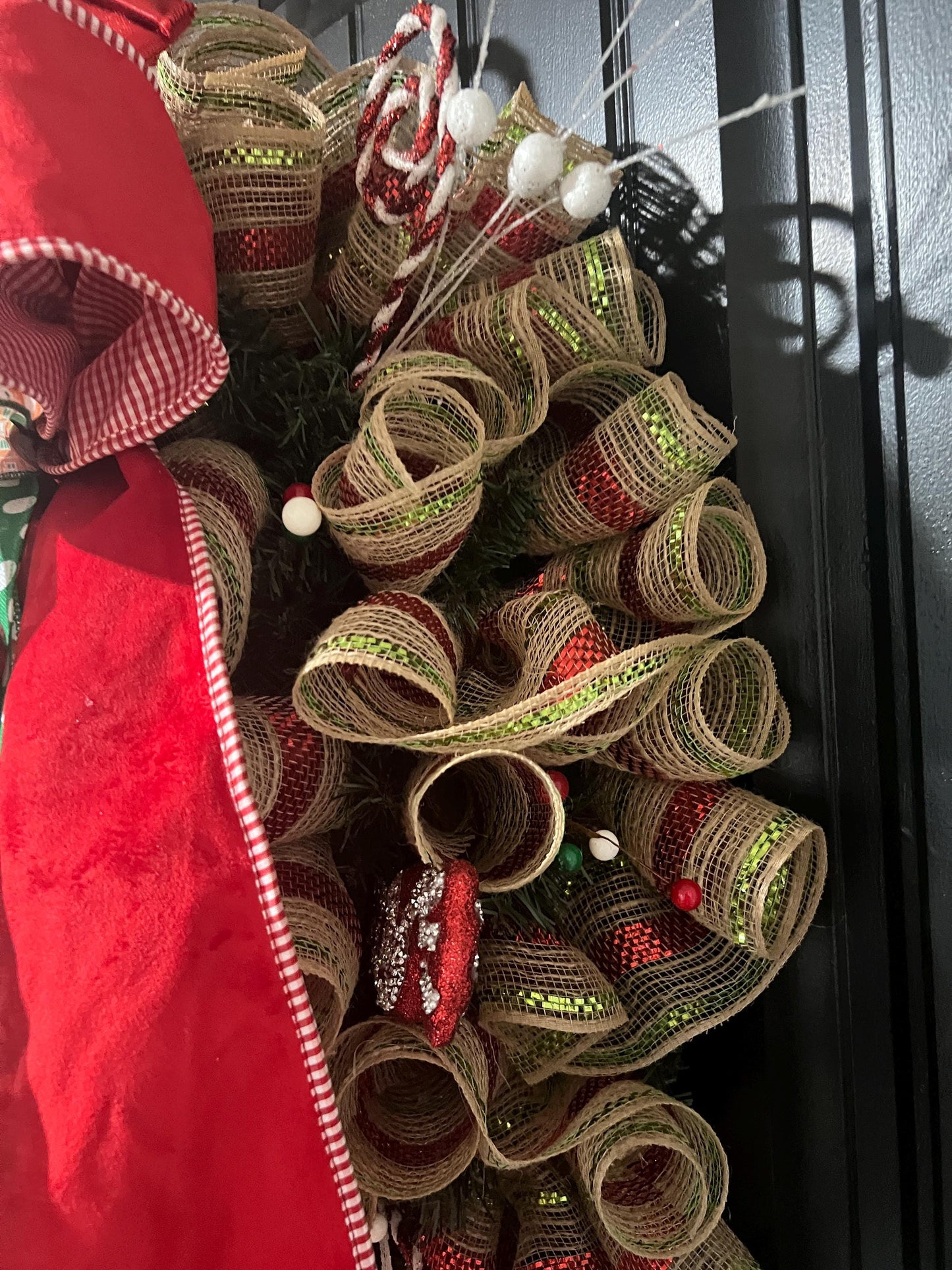 Handmade Gingerbread Girl Christmas Wreath, Candy Cane Holiday Decor, Red Green Bow