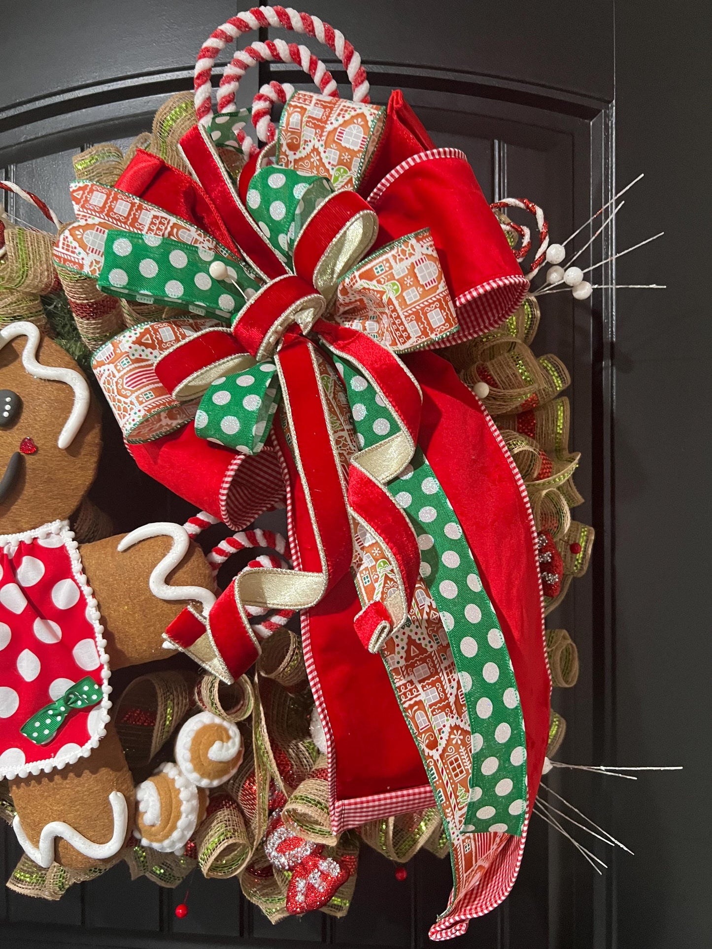 Handmade Gingerbread Girl Christmas Wreath, Candy Cane Holiday Decor, Red Green Bow