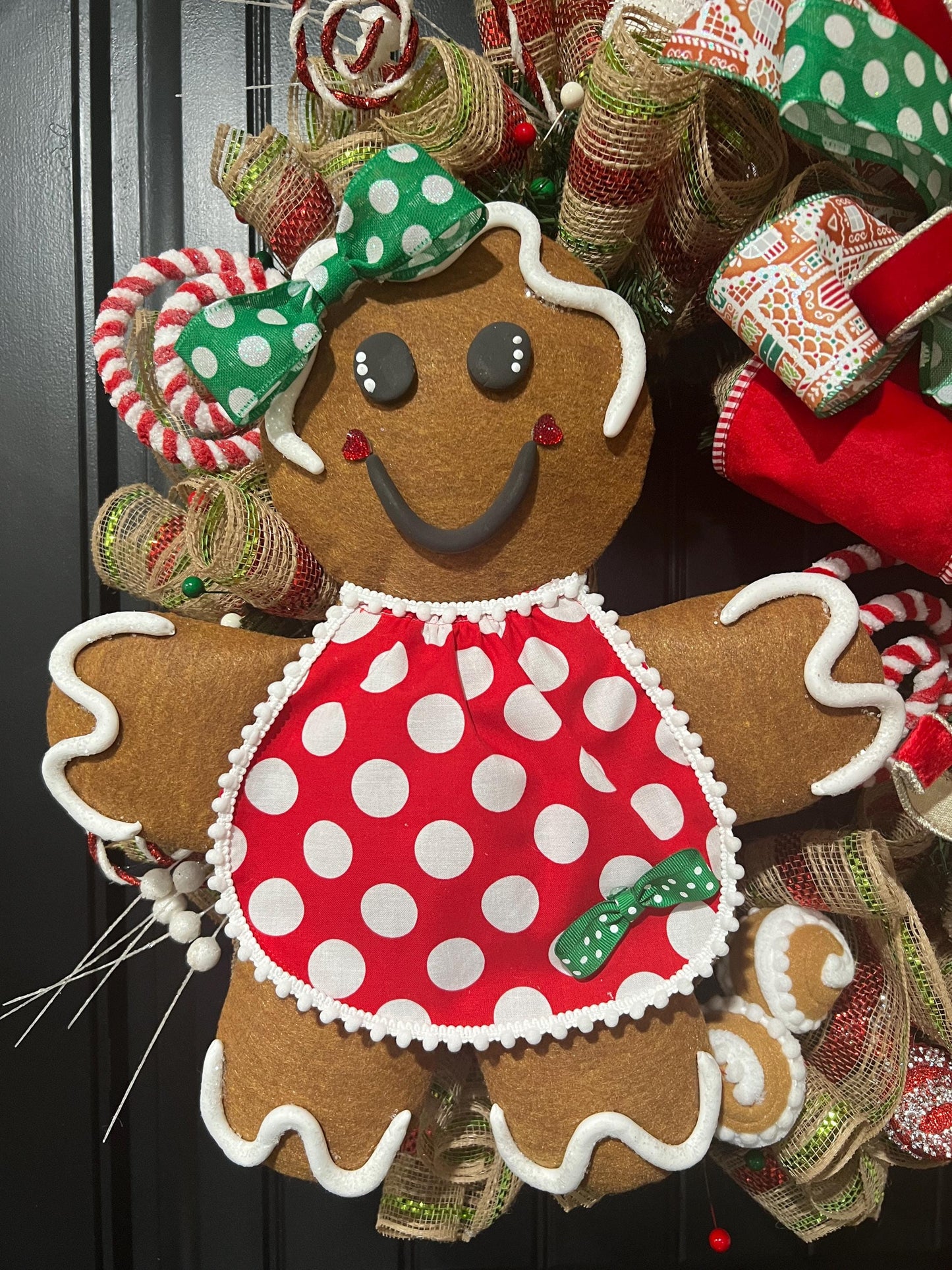 Handmade Gingerbread Girl Christmas Wreath, Candy Cane Holiday Decor, Red Green Bow