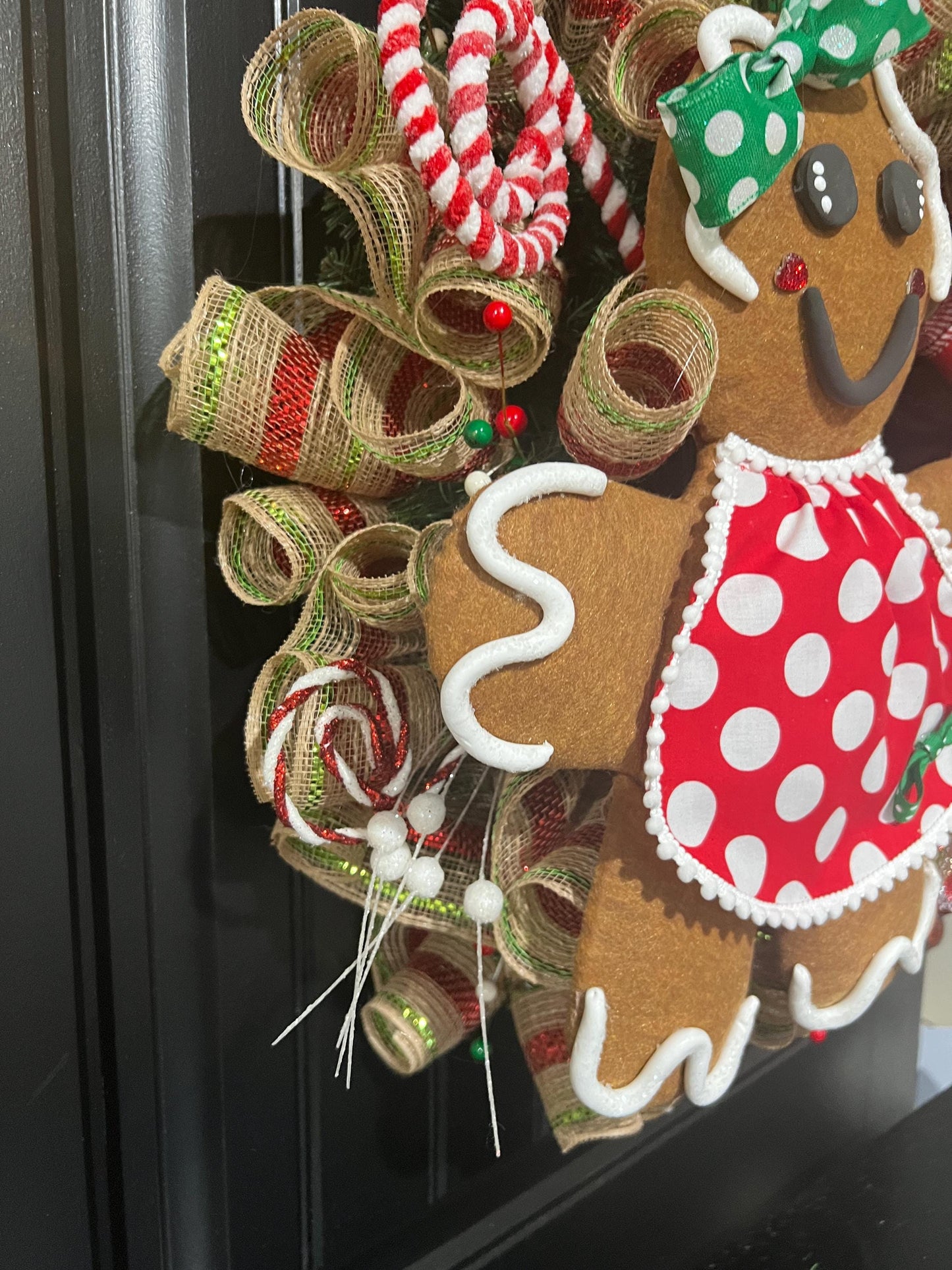 Handmade Gingerbread Girl Christmas Wreath, Candy Cane Holiday Decor, Red Green Bow
