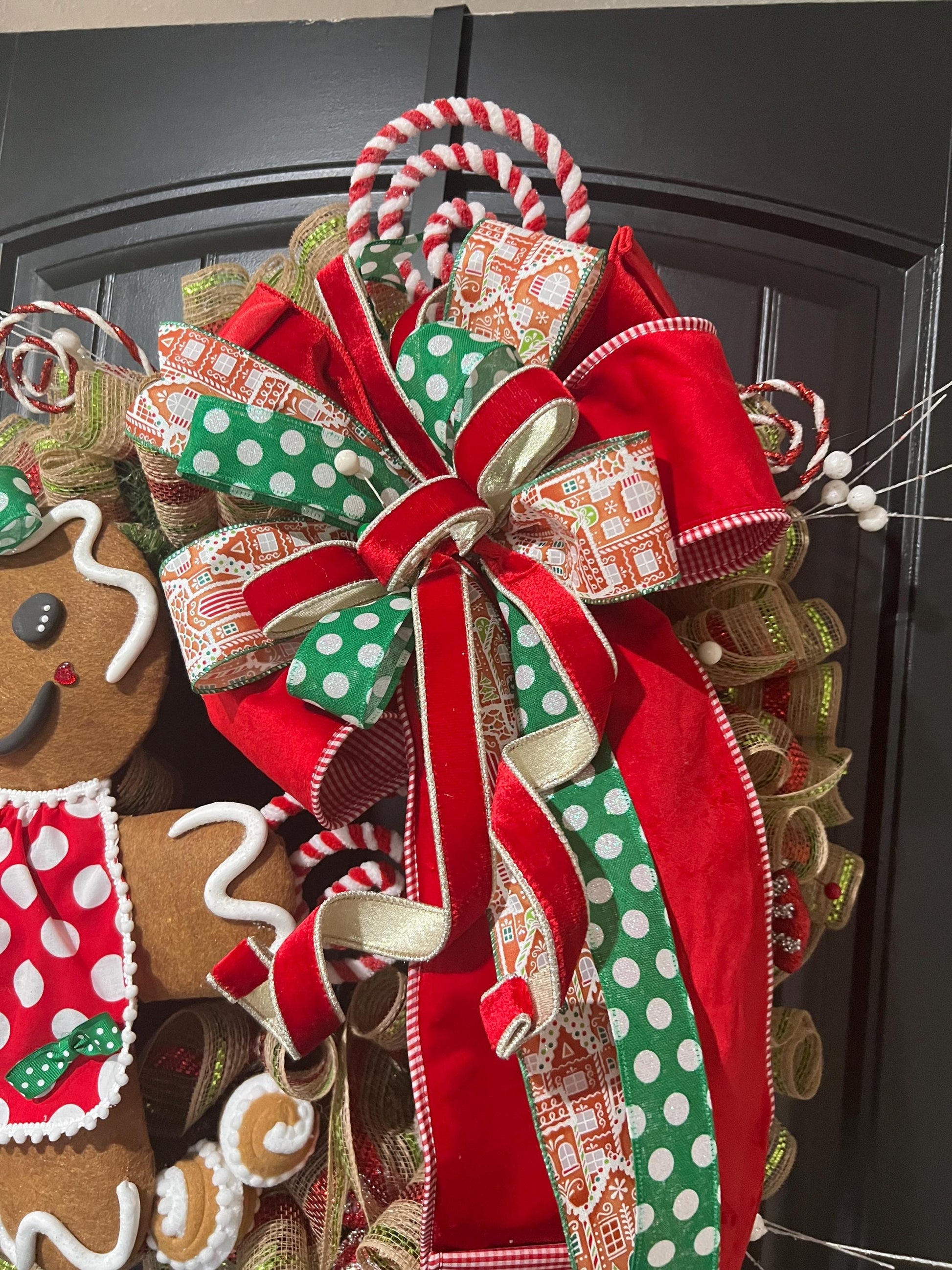 Handmade Gingerbread Girl Christmas Wreath, Candy Cane Holiday Decor, Red Green Bow