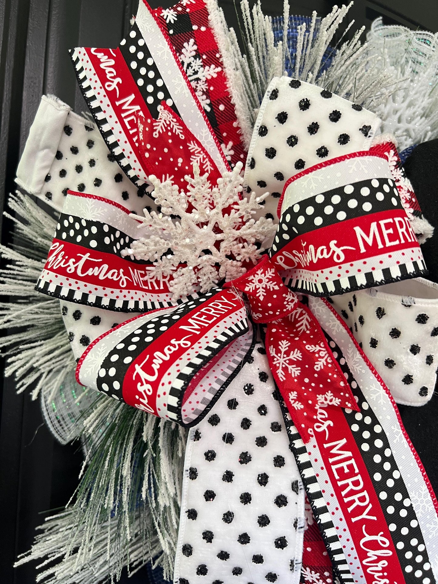 Handmade Snowman Christmas Wreath, Flocked Winter Door Decor, Red Black Plaid Scarf