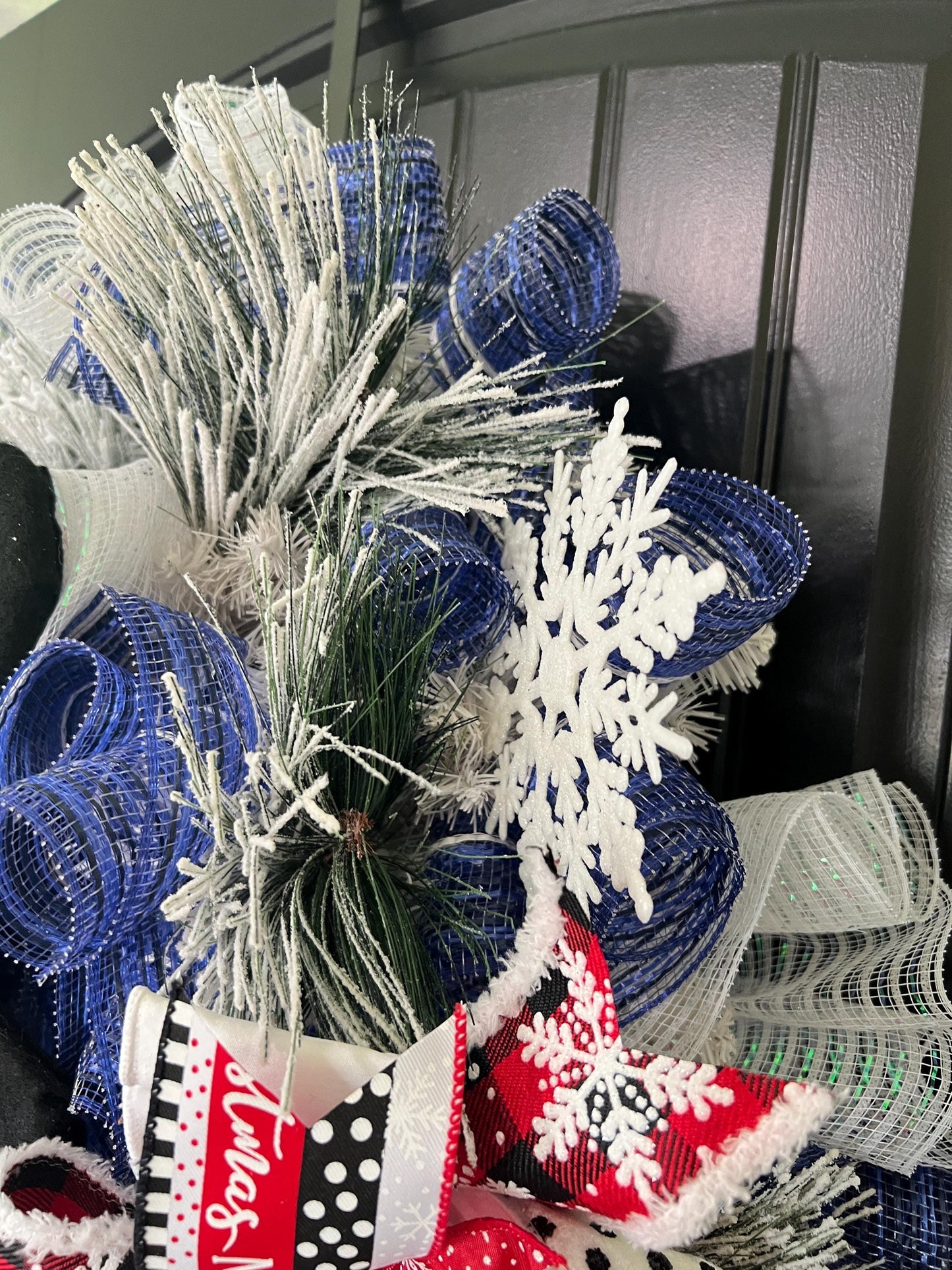 Handmade Snowman Christmas Wreath, Flocked Winter Door Decor, Red Black Plaid Scarf