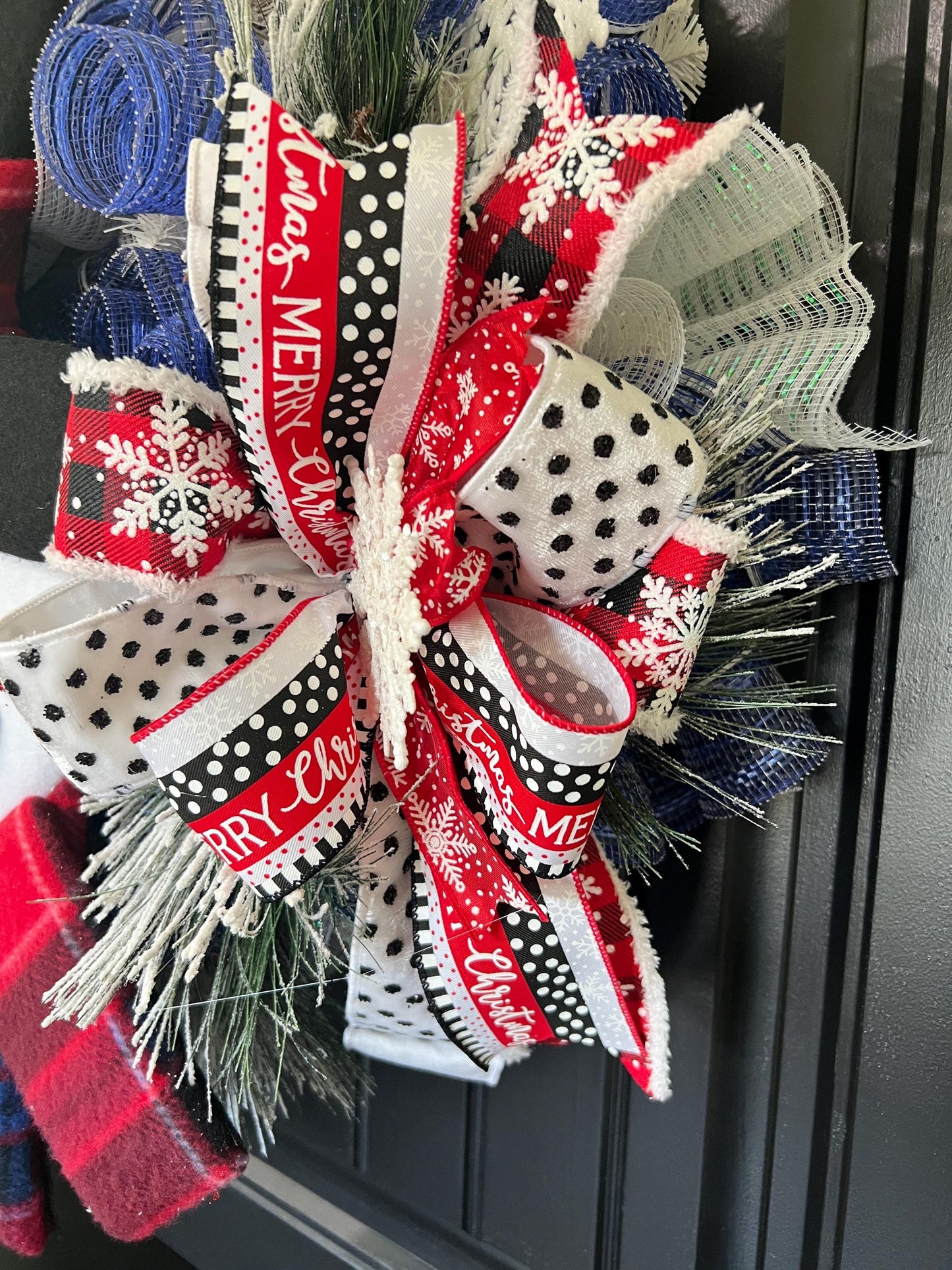 Handmade Snowman Christmas Wreath, Flocked Winter Door Decor, Red Black Plaid Scarf