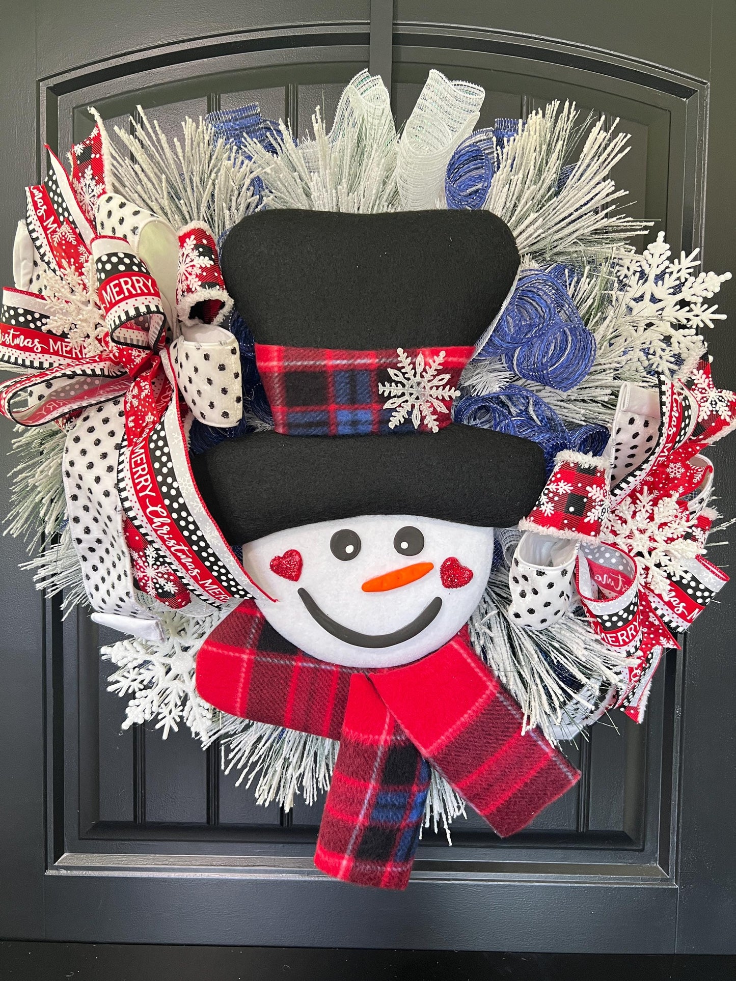 Handmade Snowman Christmas Wreath, Flocked Winter Door Decor, Red Black Plaid Scarf