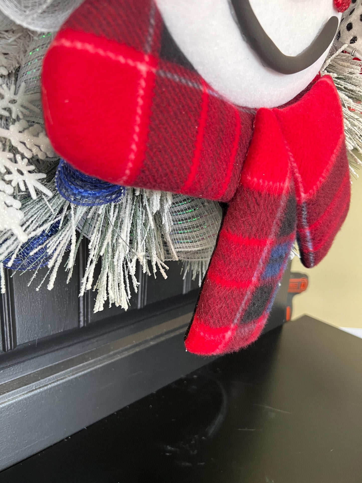 Handmade Snowman Christmas Wreath, Flocked Winter Door Decor, Red Black Plaid Scarf