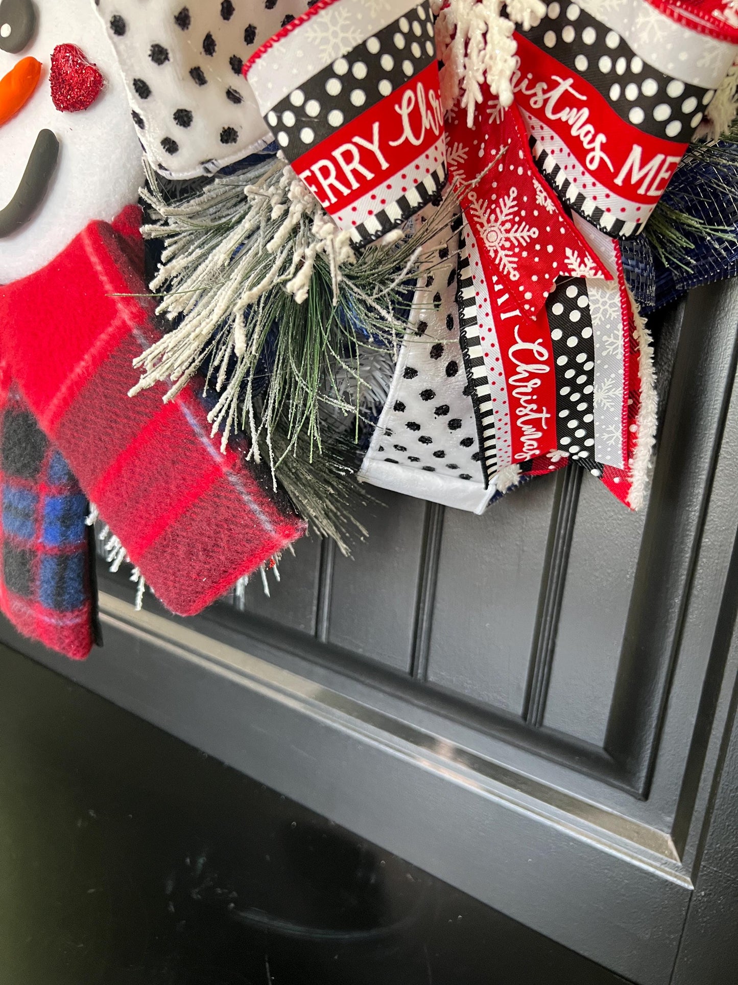 Handmade Snowman Christmas Wreath, Flocked Winter Door Decor, Red Black Plaid Scarf