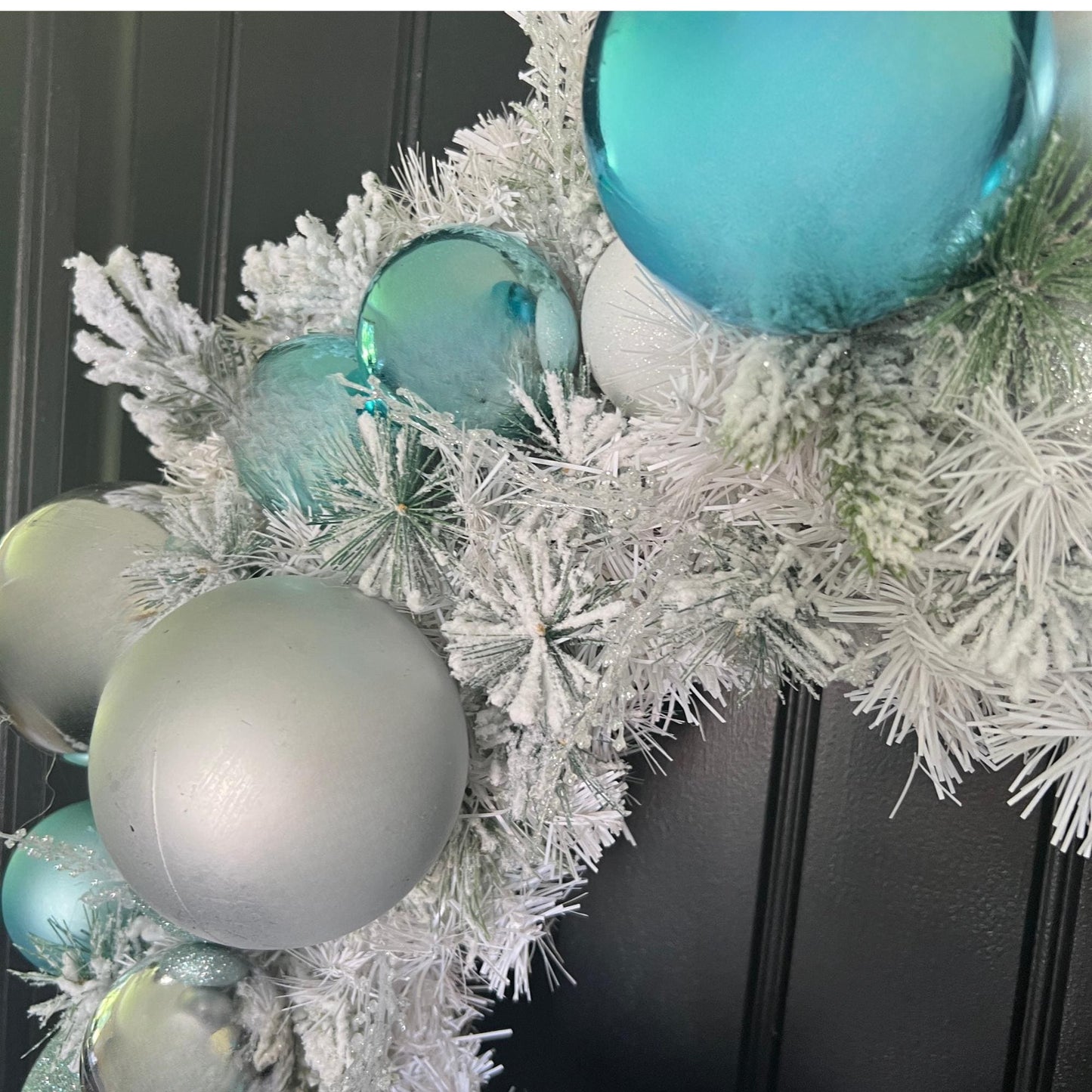 Teal Silver Frosted Christmas Wreath, Icy Blue Ornament Winter Door Decor
