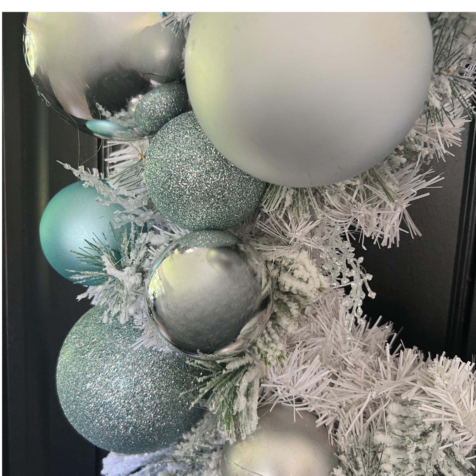 Teal Silver Frosted Christmas Wreath, Icy Blue Ornament Winter Door Decor