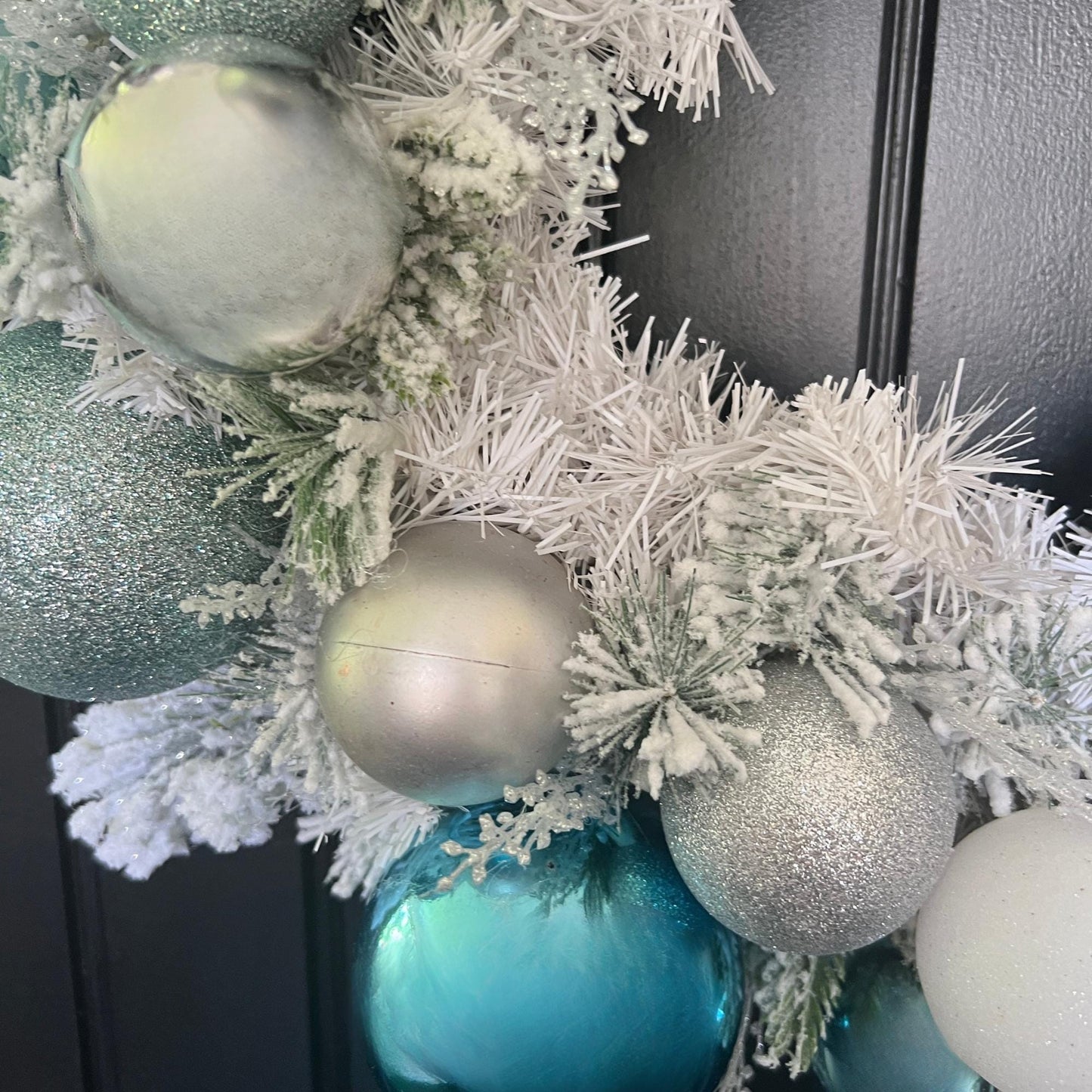 Teal Silver Frosted Christmas Wreath, Icy Blue Ornament Winter Door Decor