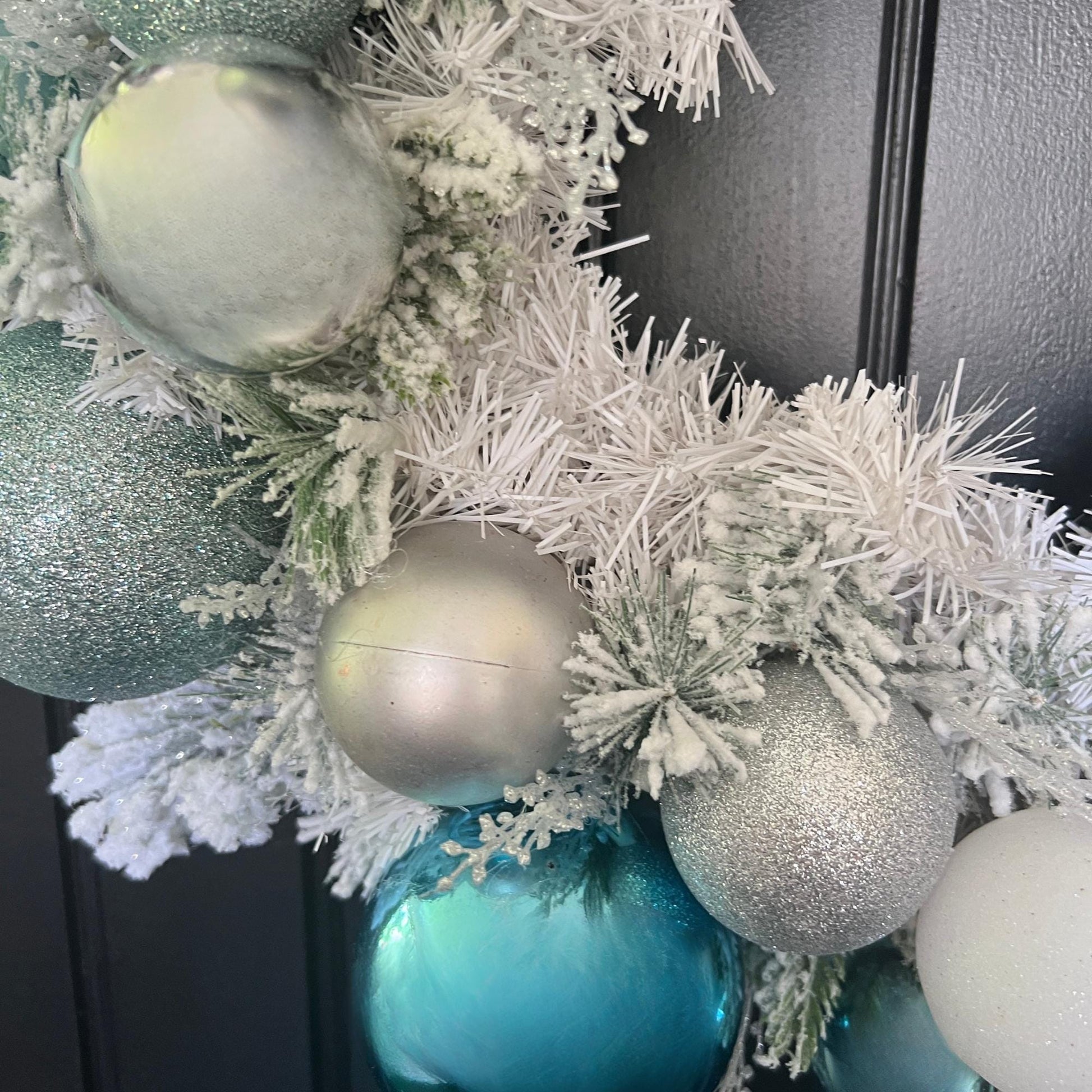 Teal Silver Frosted Christmas Wreath, Icy Blue Ornament Winter Door Decor