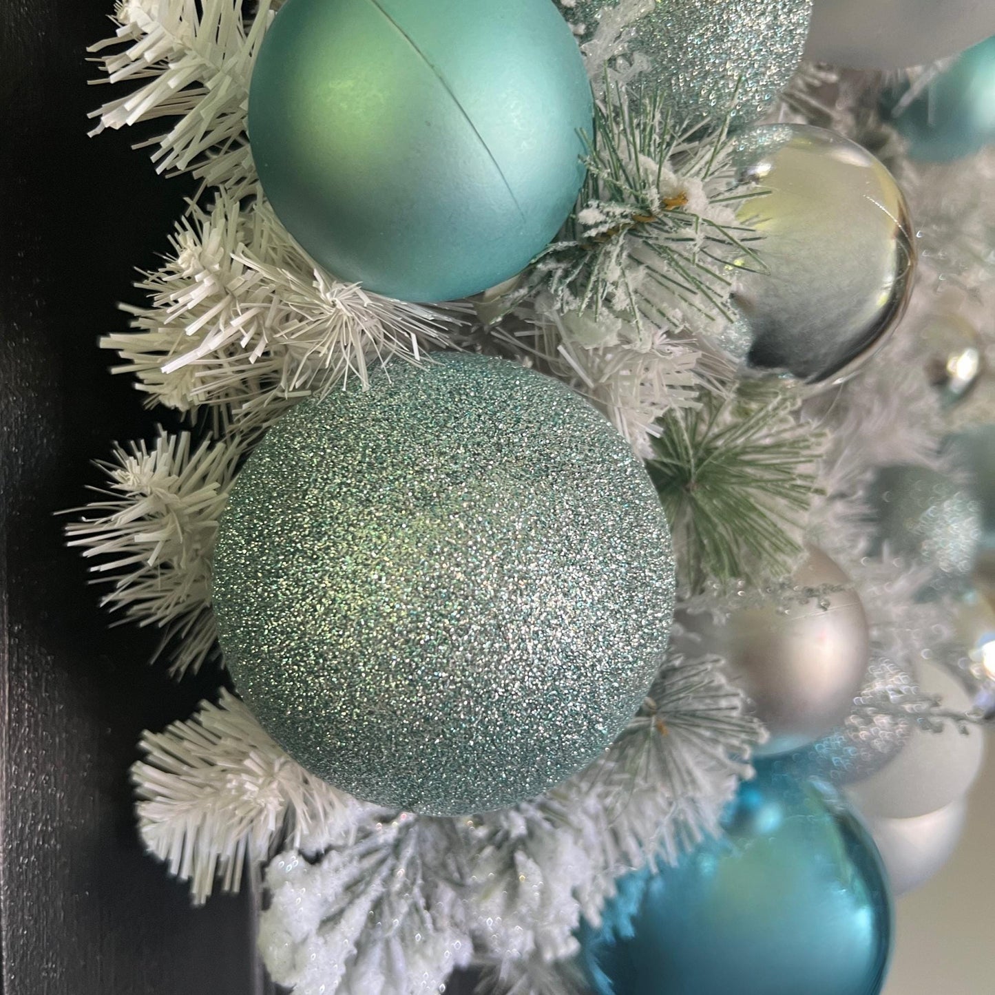 Teal Silver Frosted Christmas Wreath, Icy Blue Ornament Winter Door Decor