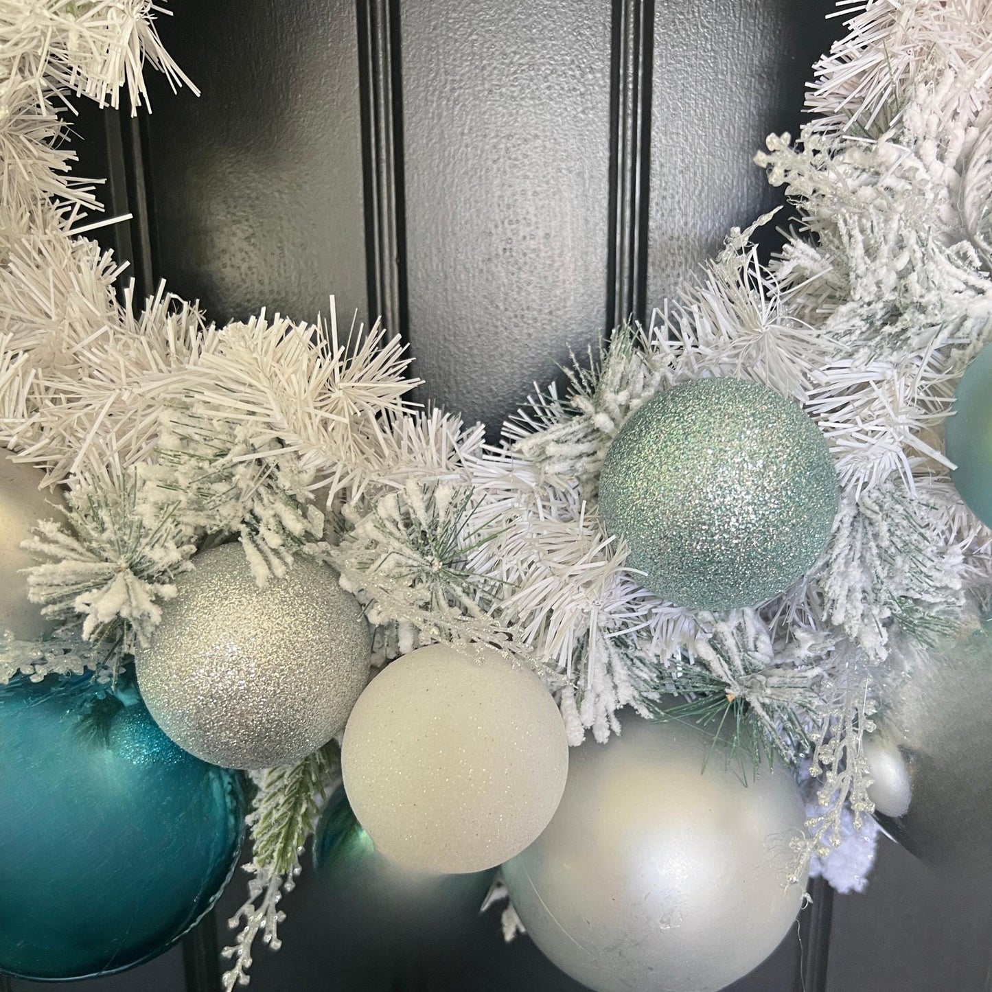 Teal Silver Frosted Christmas Wreath, Icy Blue Ornament Winter Door Decor