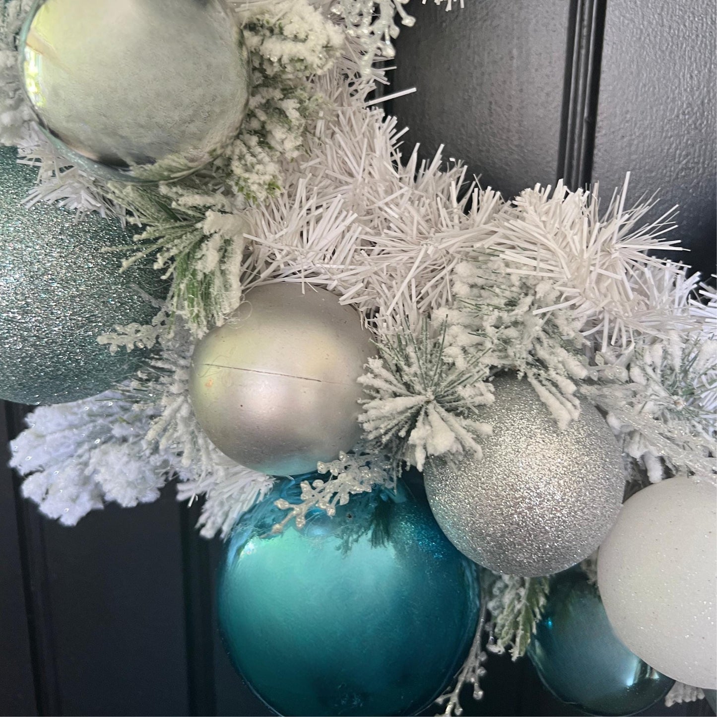 Teal Silver Frosted Christmas Wreath, Icy Blue Ornament Winter Door Decor
