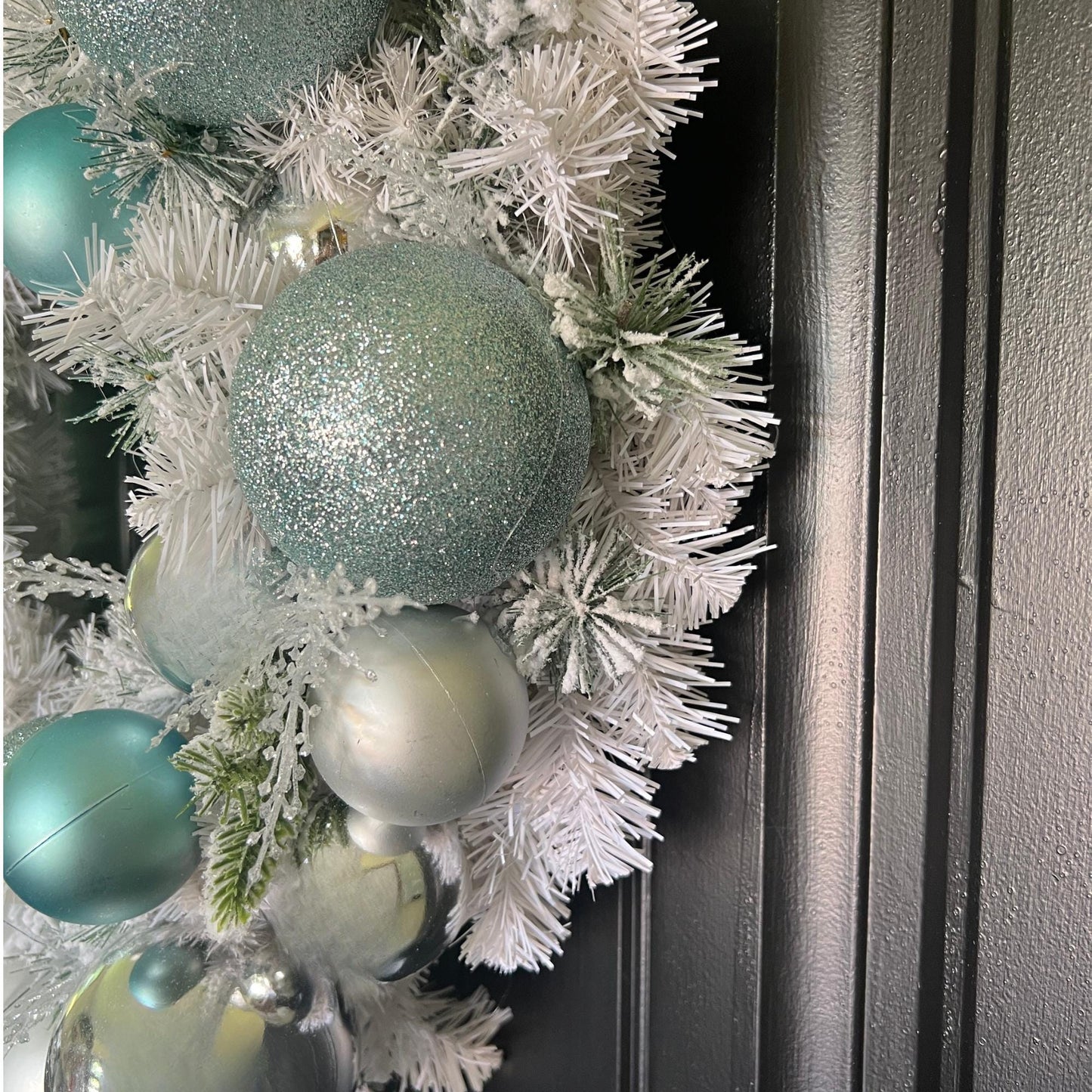 Teal Silver Frosted Christmas Wreath, Icy Blue Ornament Winter Door Decor