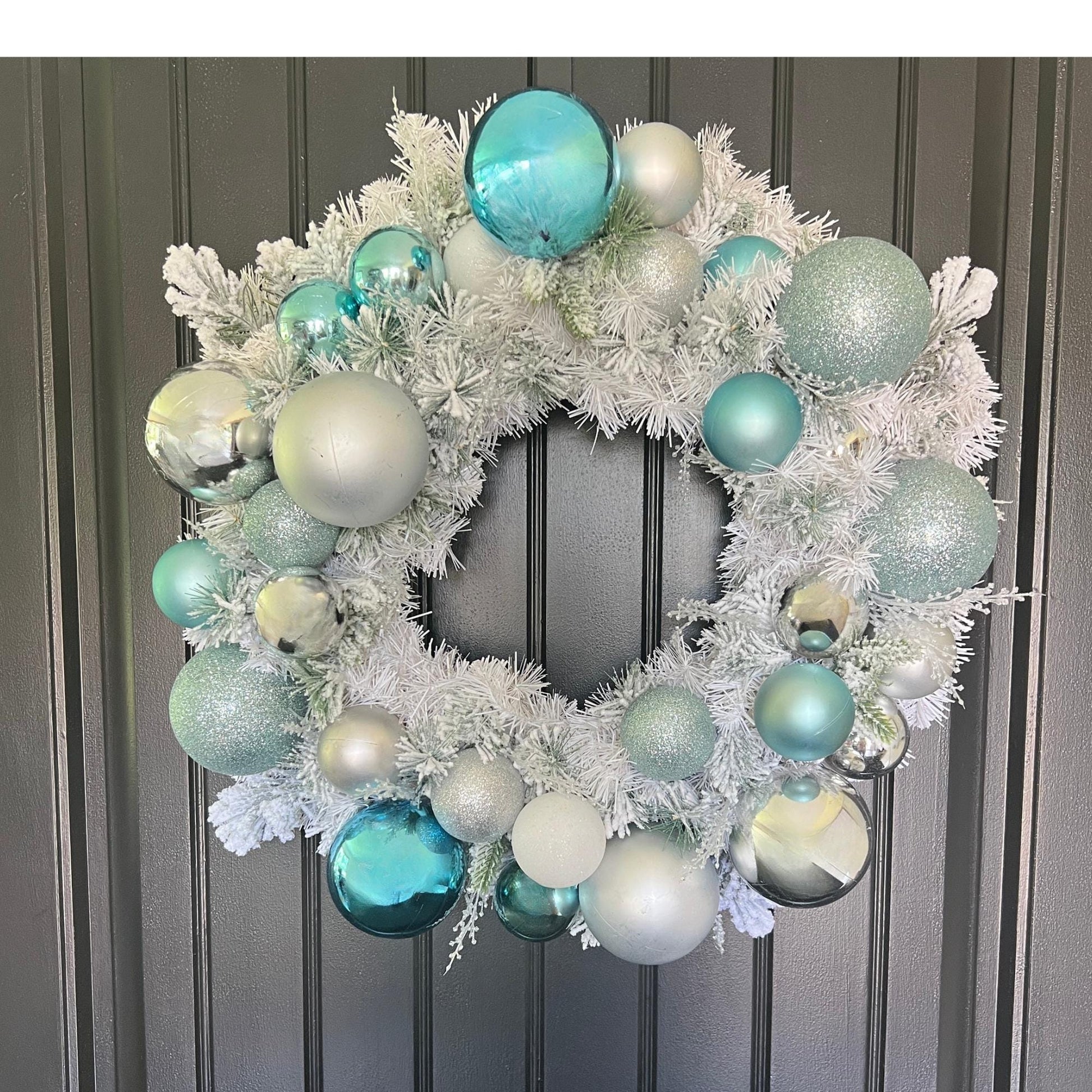Teal Silver Frosted Christmas Wreath, Icy Blue Ornament Winter Door Decor