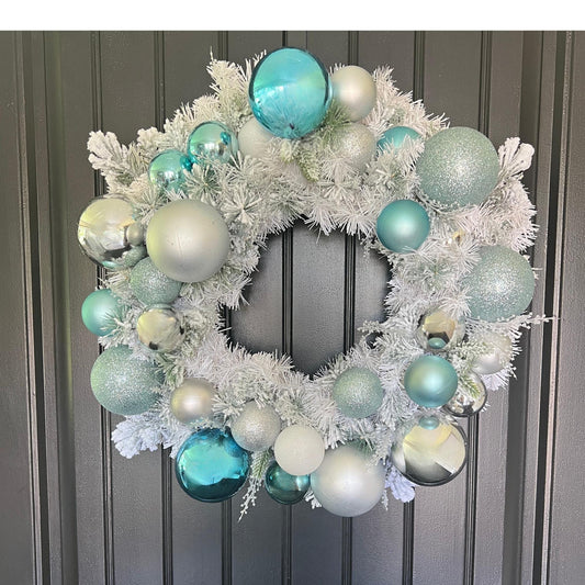 Teal Silver Frosted Christmas Wreath, Icy Blue Ornament Winter Door Decor
