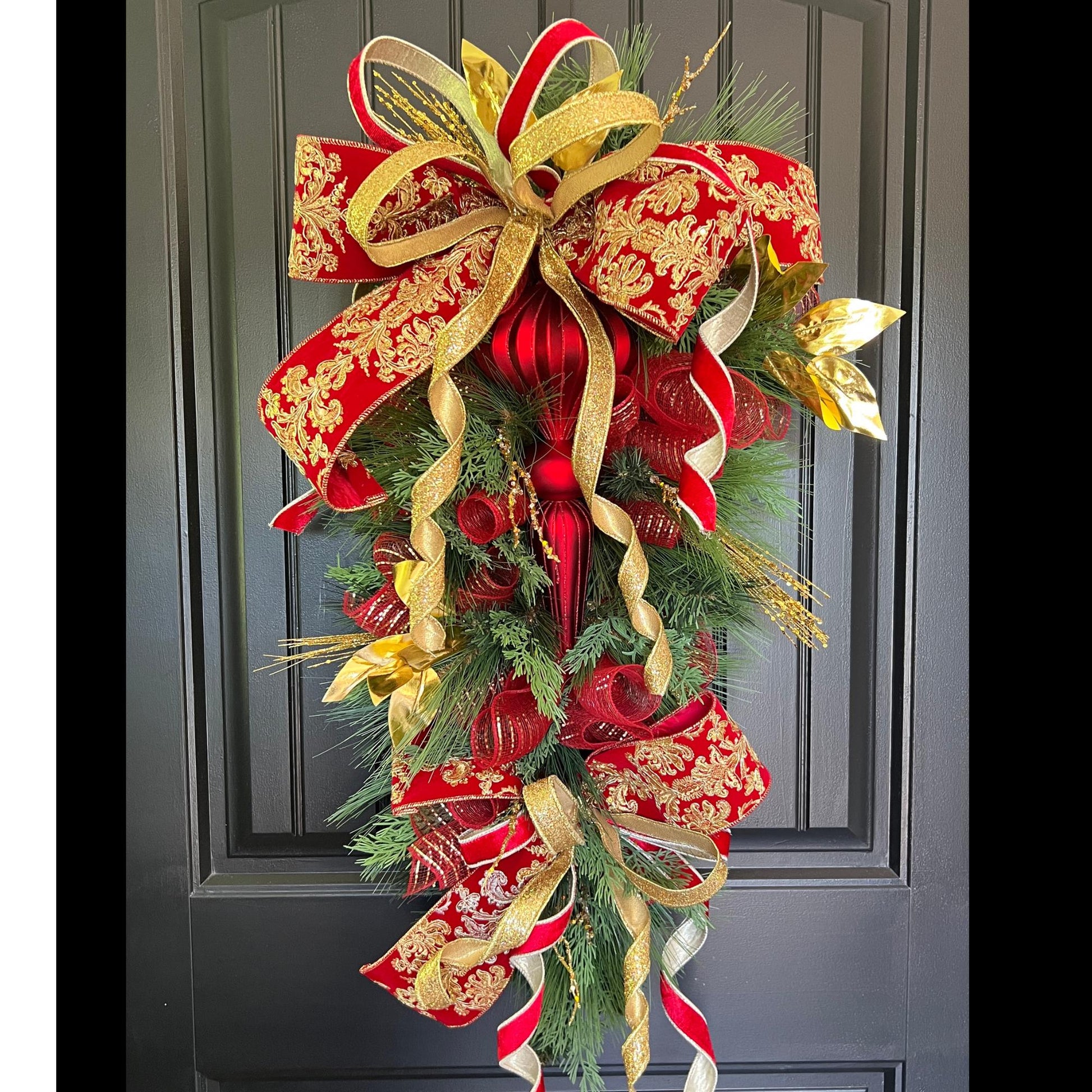 Luxury Red and Gold Christmas Swag, Large Finial Door Swag, Elegant Christmas Door Decoration