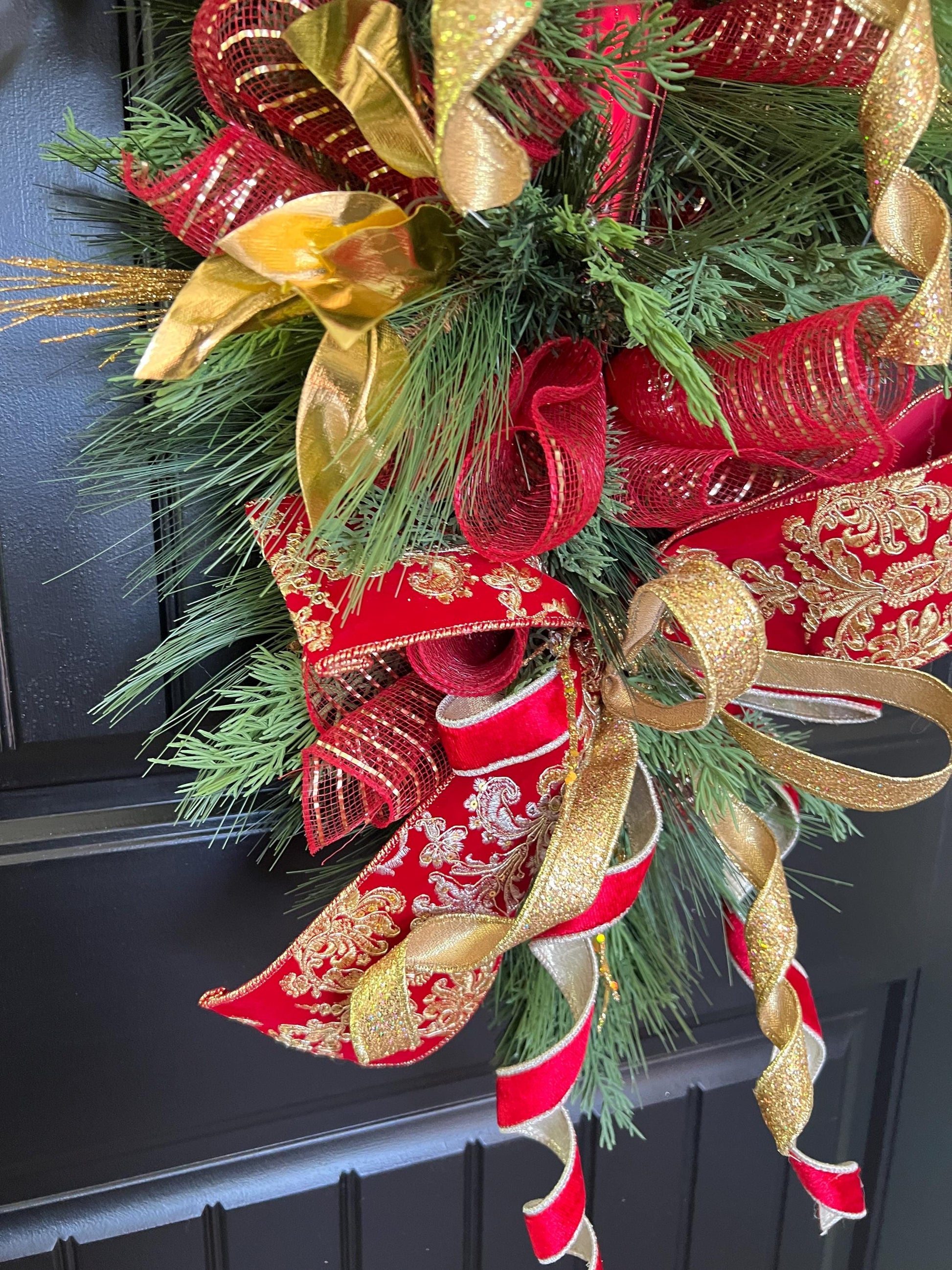 Luxury Red and Gold Christmas Swag, Large Finial Door Swag, Elegant Christmas Door Decoration
