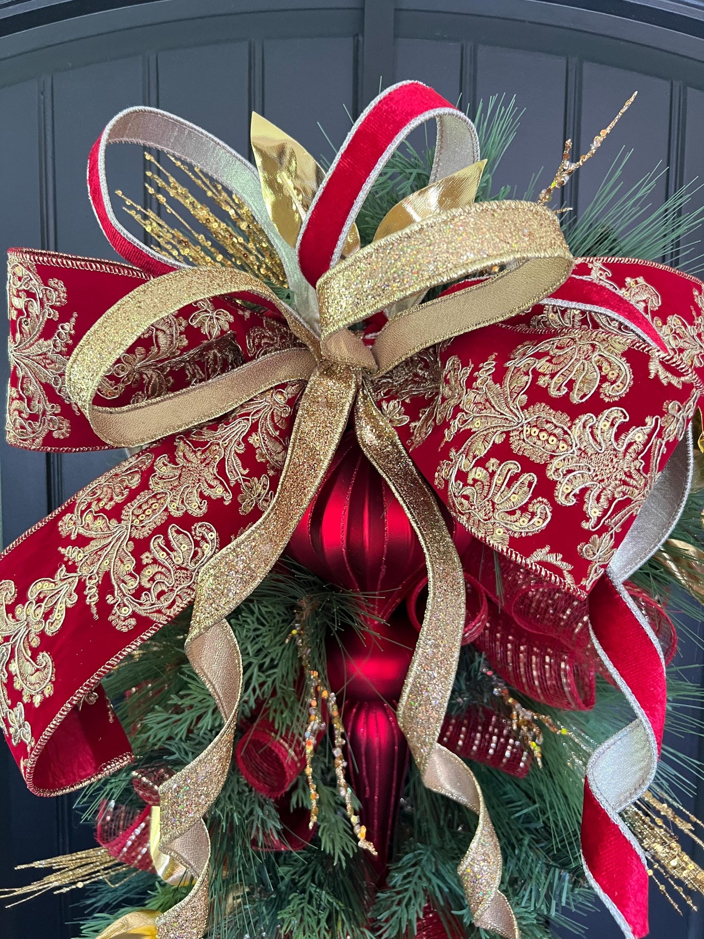 Luxury Red and Gold Christmas Swag, Large Finial Door Swag, Elegant Christmas Door Decoration