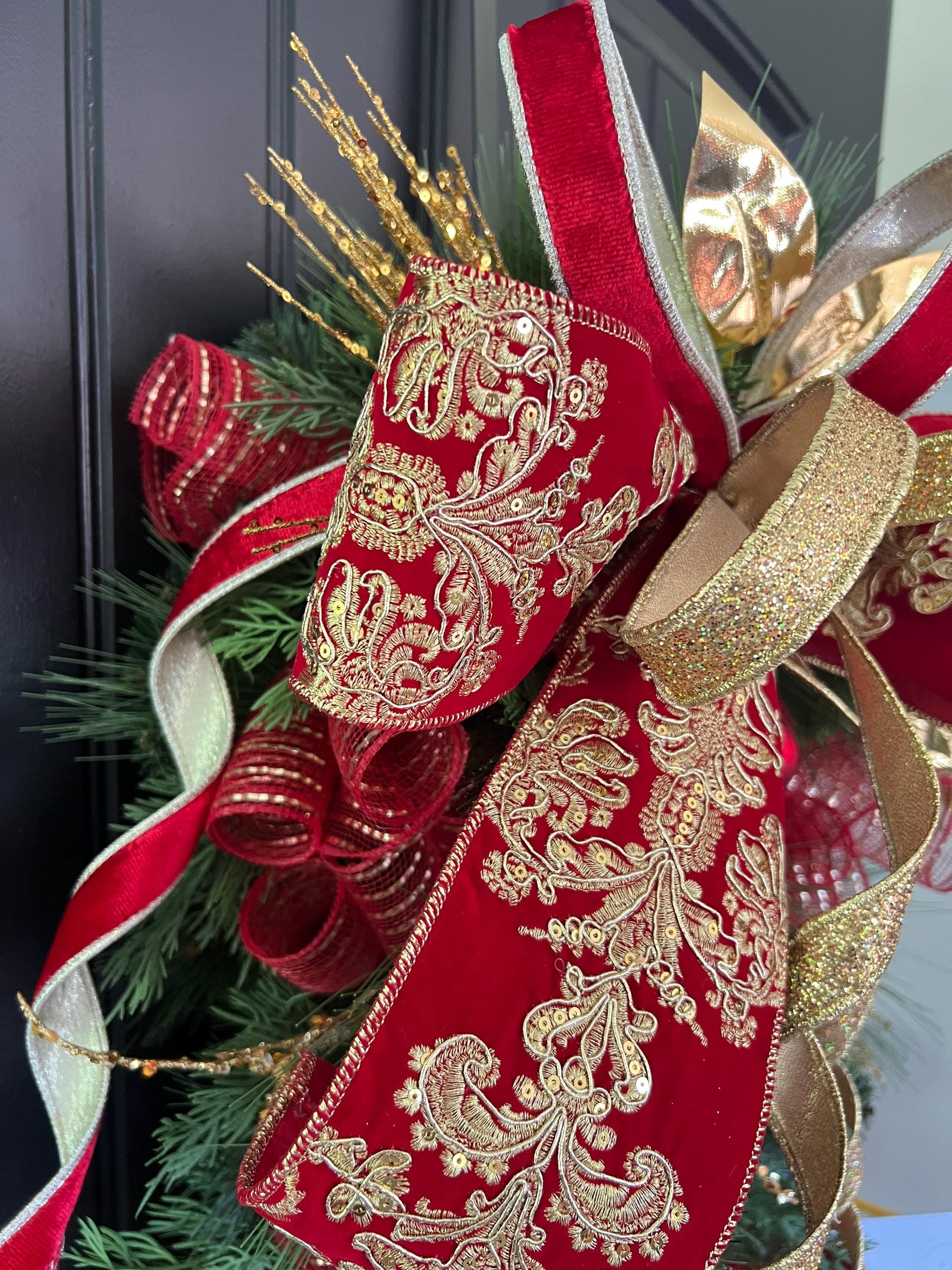 Luxury Red and Gold Christmas Swag, Large Finial Door Swag, Elegant Christmas Door Decoration