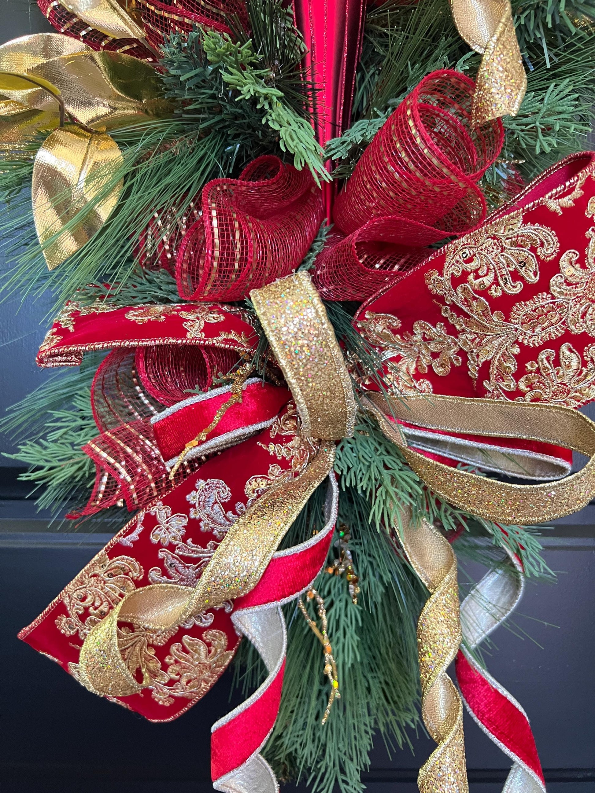 Luxury Red and Gold Christmas Swag, Large Finial Door Swag, Elegant Christmas Door Decoration