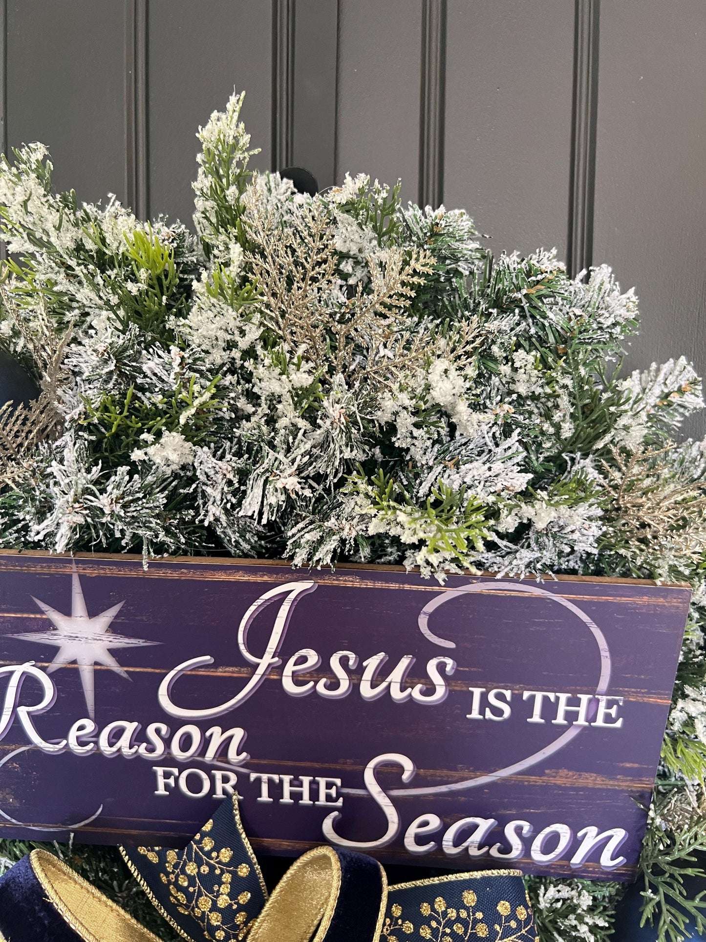 Christian Christmas Wreath, Jesus Is the Reason Wreath, Navy Gold Flocked Evergreen Door Decor, Religious Holiday Wreath