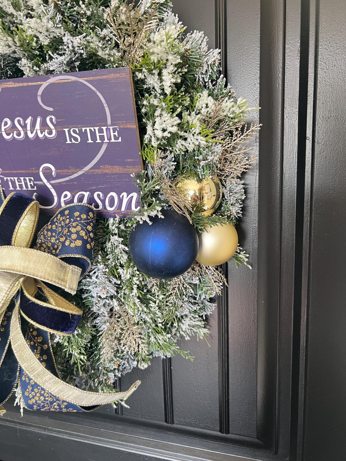 Christian Christmas Wreath, Jesus Is the Reason Wreath, Navy Gold Flocked Evergreen Door Decor, Religious Holiday Wreath