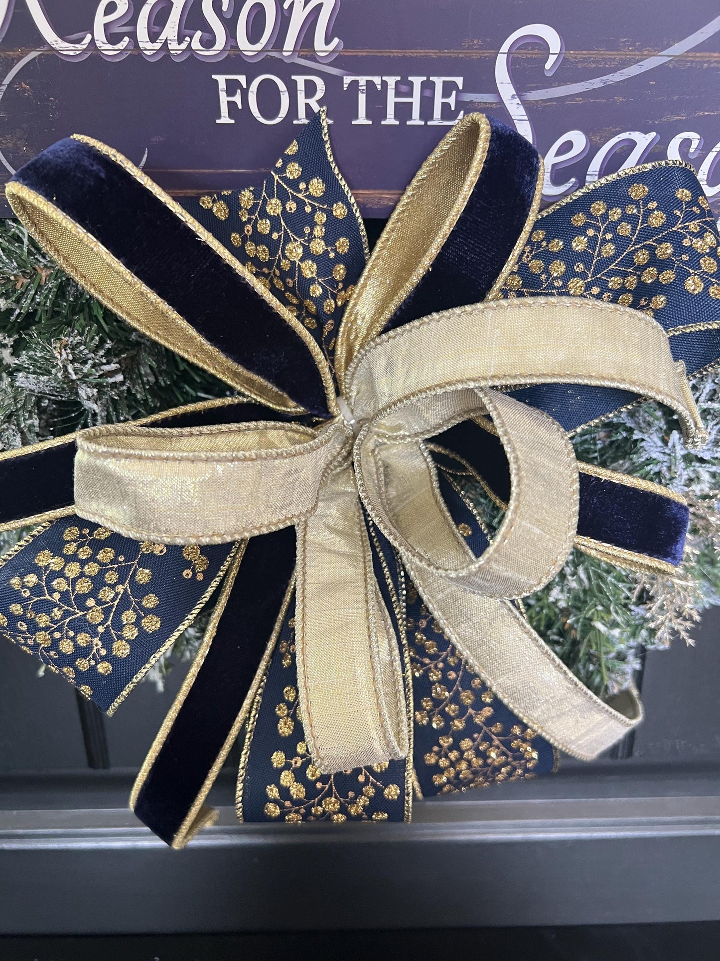 Christian Christmas Wreath, Jesus Is the Reason Wreath, Navy Gold Flocked Evergreen Door Decor, Religious Holiday Wreath